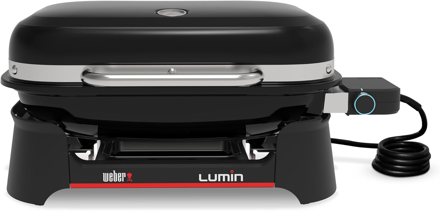 Weber Lumin Elektrogrill, Bis zu 315 °C, mit Deckelthermometer, Porzellanemaillierte Gusseisenroste, 33 x 49 cm Grillfläche, Schwarz (1502045)