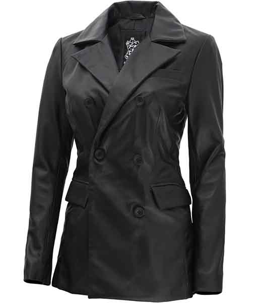 Women Double Breasted Black Leather Coat