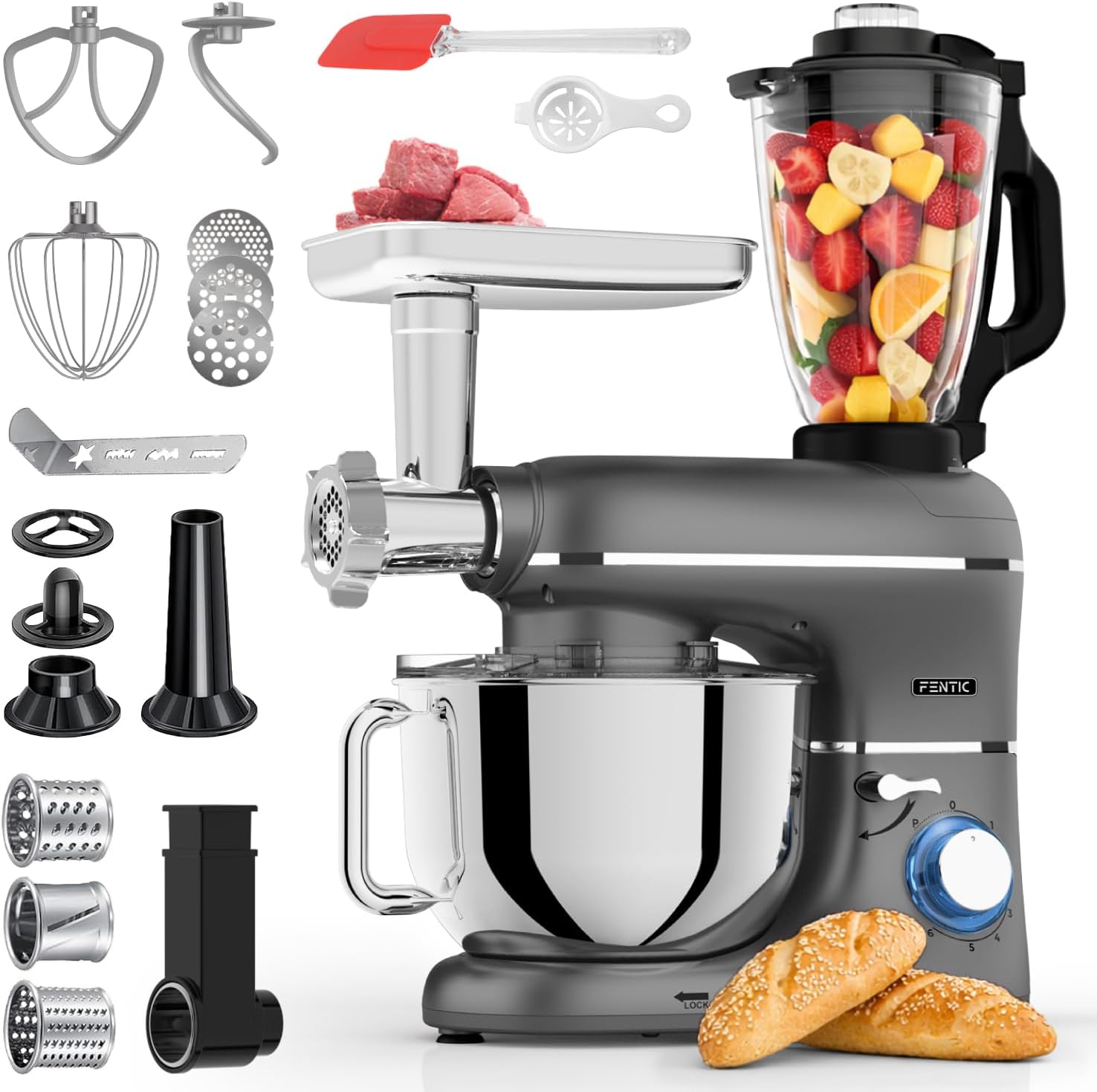 6-in-1 Küchenmaschine – 2000W – Mit Fleischwolf, 1,5L Entsafter, Gemüseschneider und Mehr – Knetmaschine mit 6,2L Rührschüssel, Rührhaken, Knethaken, Schlagbesen und Spritzschutz (Anthrazit)