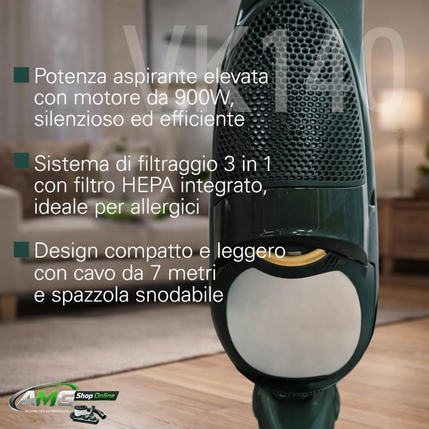 Aspirapolvere FOLLETTO VK140 + Spazzola HD40 + 6 Sacchetti + Tubi + Girasole - Sacco 2,5L, Filtri e Profumini Inclusi, Motore Originale, 74 dBA, 3 kg, Garanzia 2 Anni