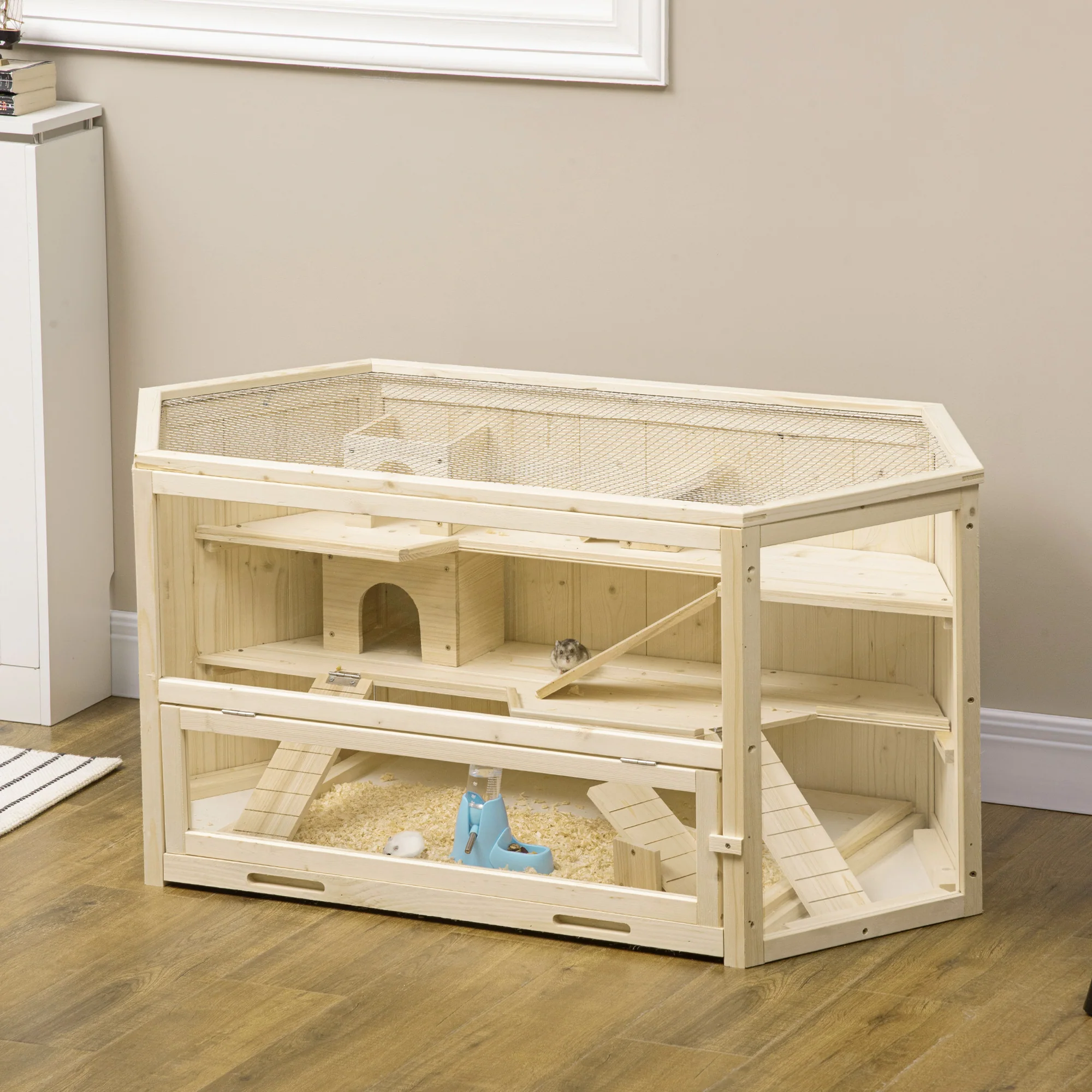 Easycomfort Casetta per Criceti in Legno a 3 Livelli con Tetto Apribile e Parete Trasparente, 115x60x55cm