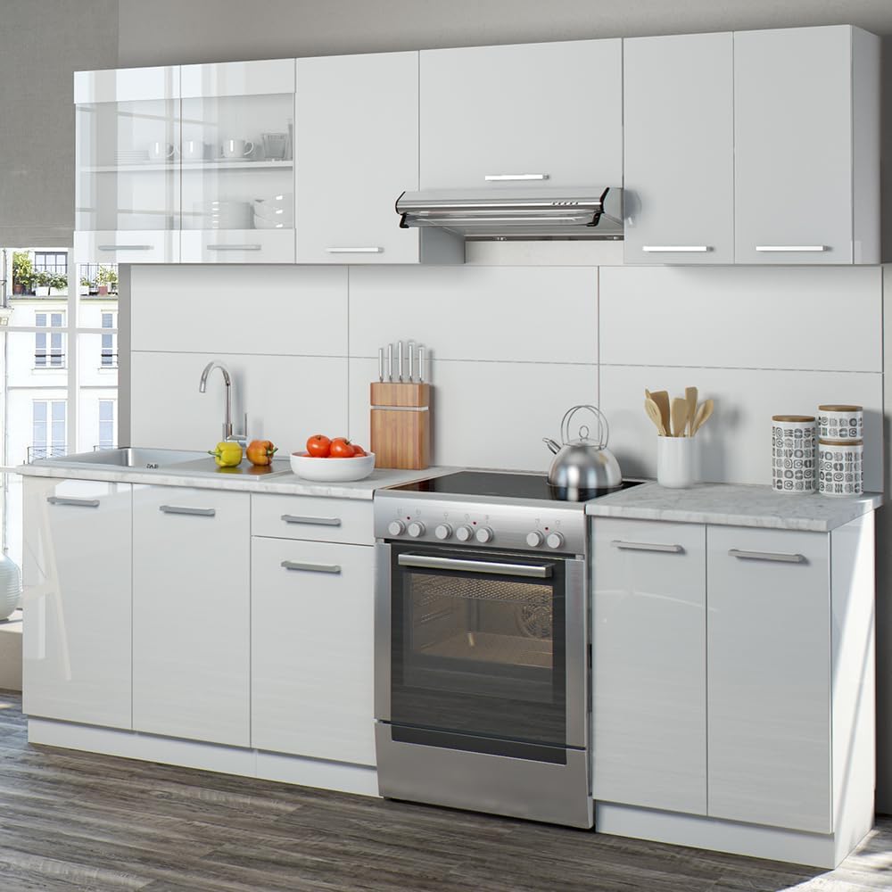 Vicco Cucina componibile Raul, Bianco, 240 cm, PL Marmo con striscia LED