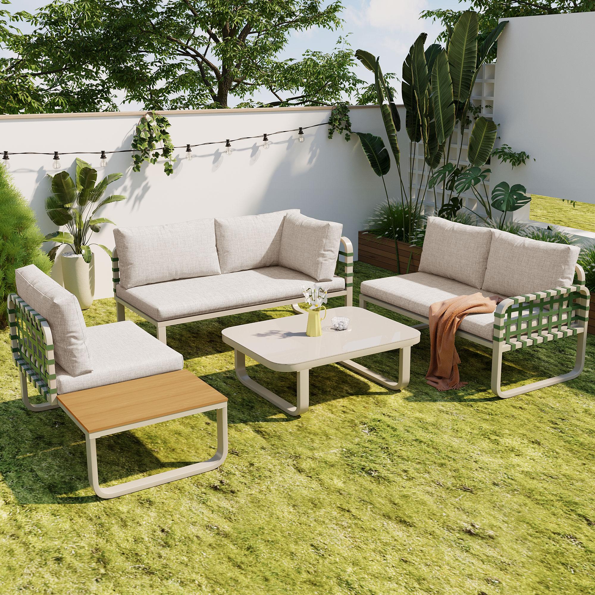 4-5 Sitzer Garten-Lounge-Set, Gartenmöbel-Set mit gehärtetem Glastisch, Aprikose