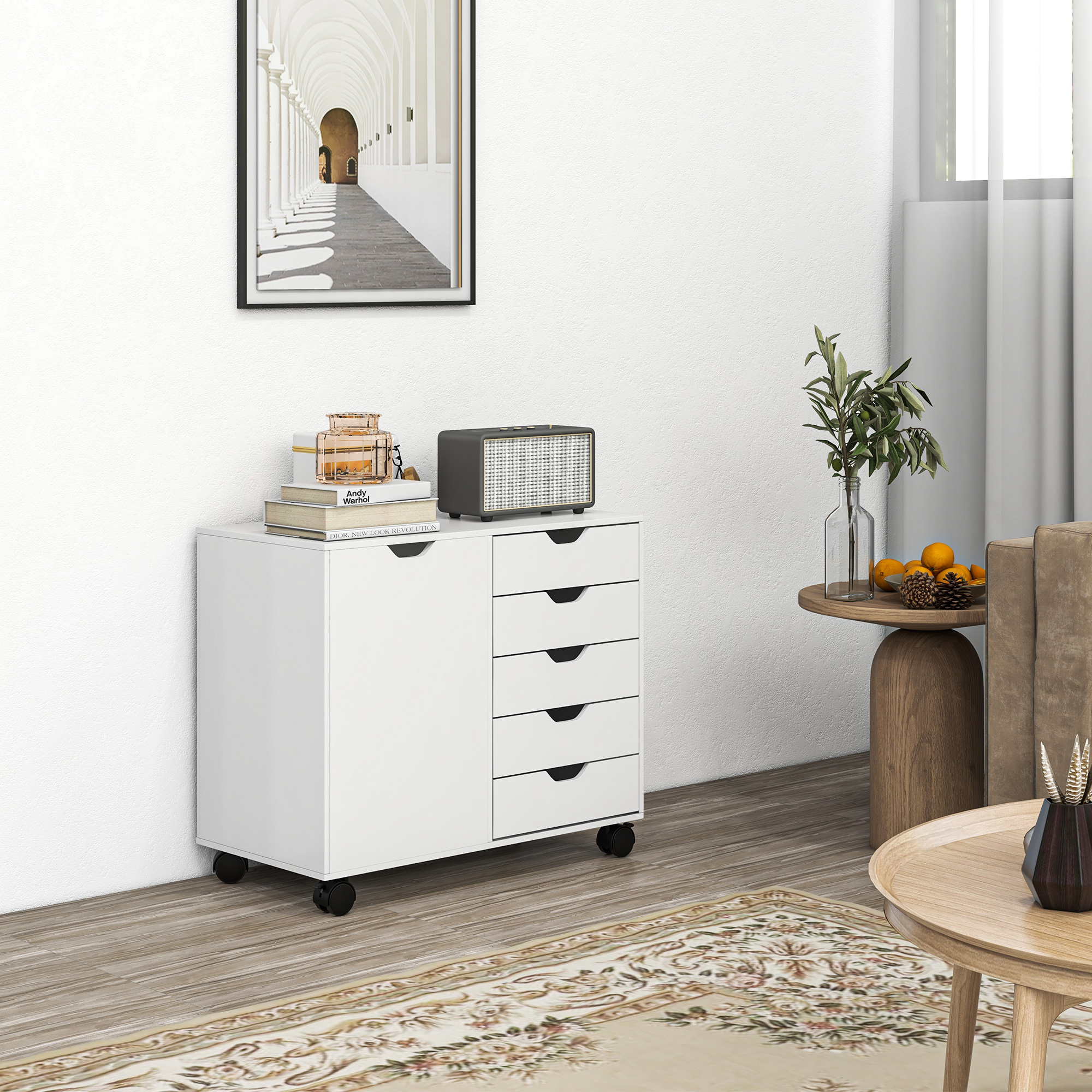 HOMCOM Büroaufbewahrungsmöbel 5 Schubladen 1 Tür verstellbares Regal, Druckerständer auf Rollen, 78x40x66,5 cm, weiß