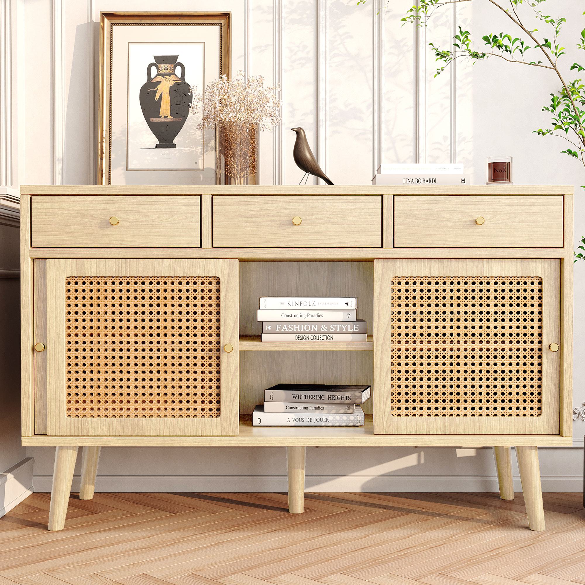 Sideboard mit 3 Schubladen und 3 Schiebetüren, Rattangeflecht, 120×40×78 cm, Naturfarbe