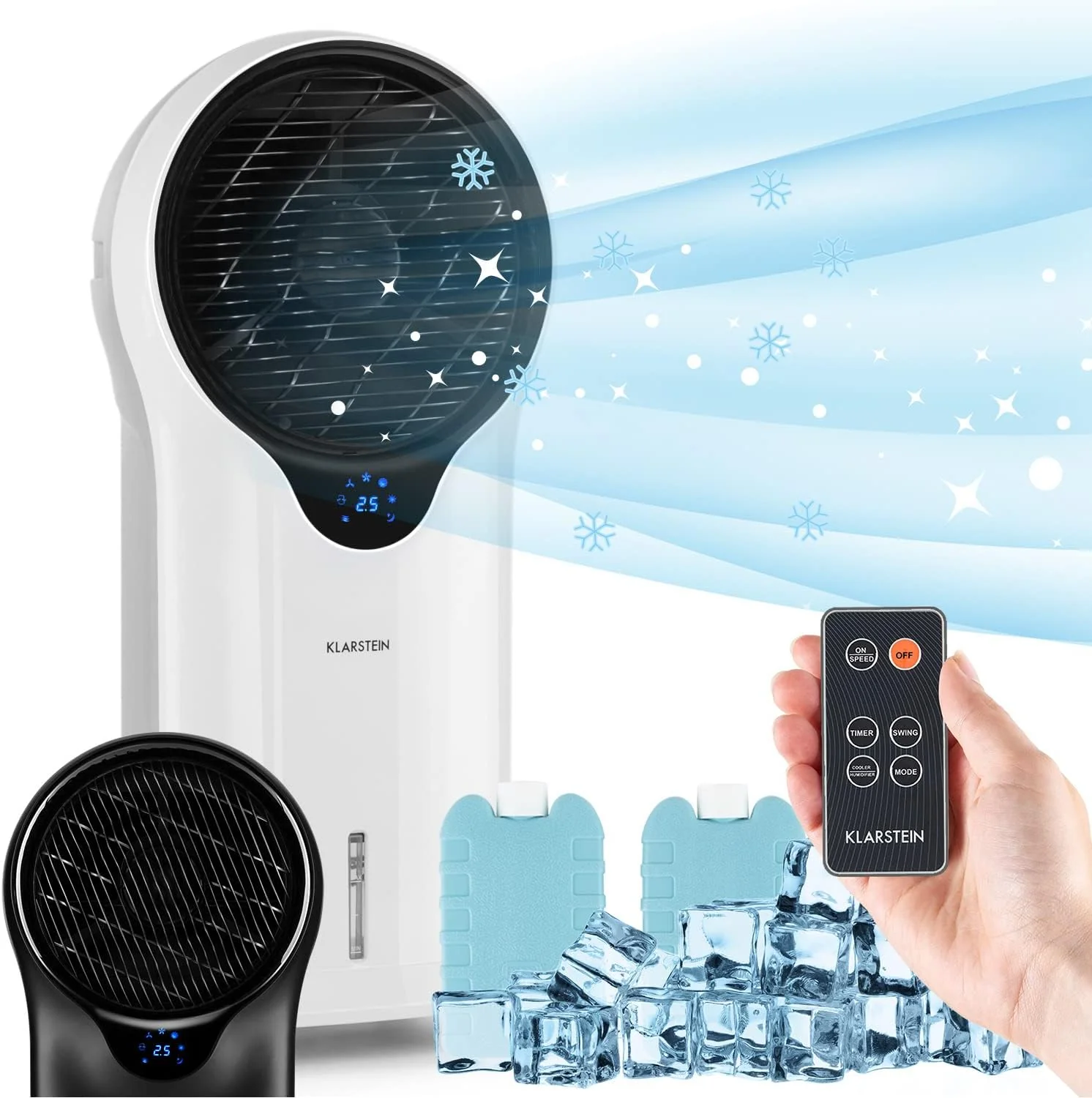 Klarstein Luchtkoeler met Waterkoeling, 3-in-1 Verdampingskoeler, Luchtbevochtiger & Ventilator, Mobiele Airconditioners Luchtkoeler met 5,5L Tank, 90W Air Cooler met Nachtmodus, 1600m3/u Luchtstroom