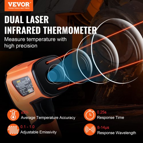 VEVOR Infrarot Thermometer IR 50:1 Pyrometer -40°C bis 1500°C Laser Temperaturmesser 180x120x60mm Temperaturmessgerät Nicht Menschliches Körperthermometer für Kochen/Barbecue/Gefrierschrank/Industrie