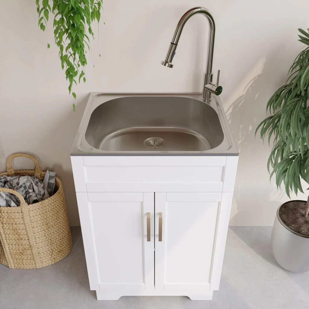 Laundry Sink Cabinet with Stainless Steel Sink and Pull-Down Faucet, Utility Sink for Laundry/Utility Room, 24 Inch Bathroom Kitchen and Outdoor, White