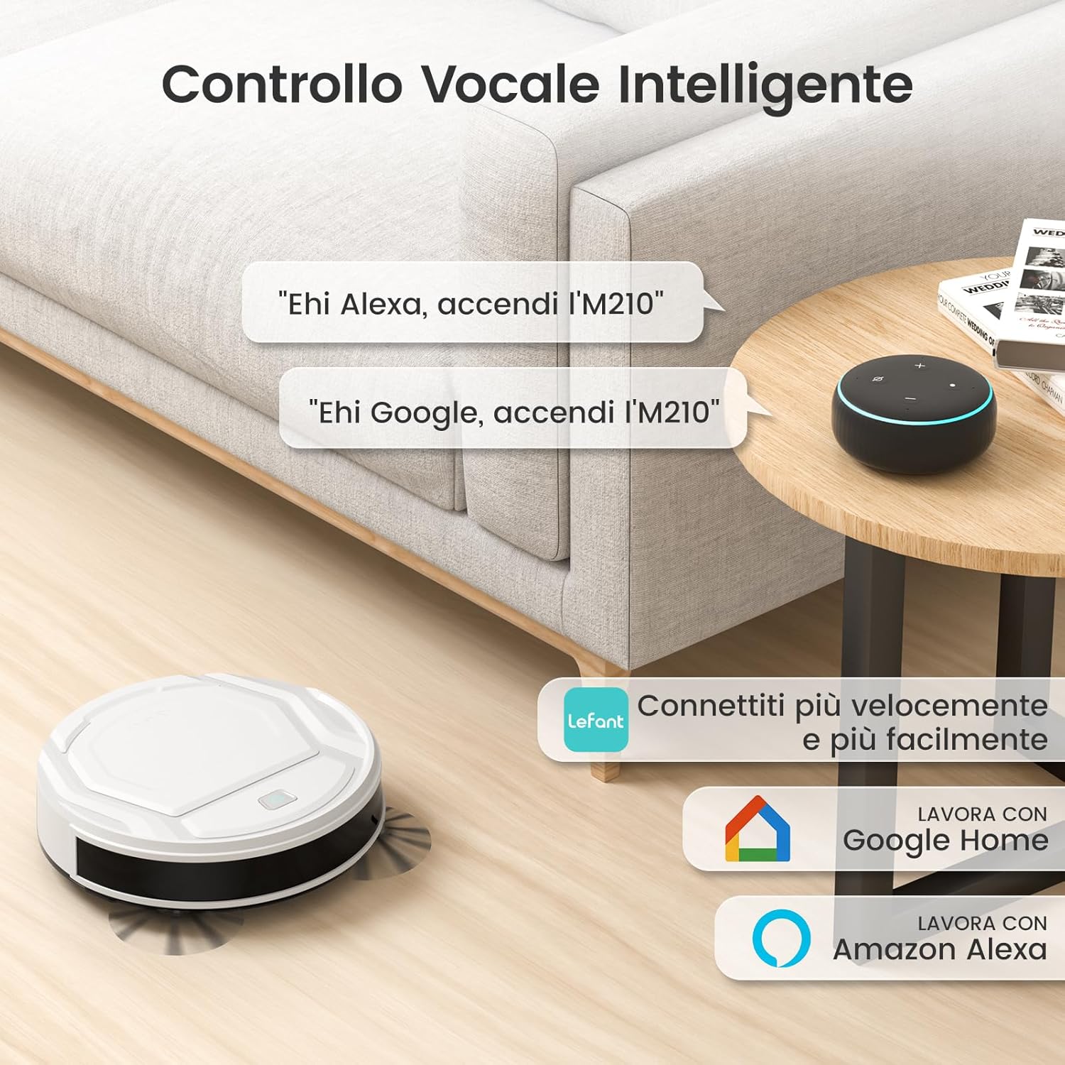 Lefant Robot Aspirapolvere con 2200Pa, Senza Grovigli,7,6cm Ultra Sottile,Autocaricante,Wi-Fi/App/Alexa,120 Minuti,6 Modalit脿 di Pulizia,Ideale per Peli di Animali Domestici,Pavimenti Duri M210-Pro