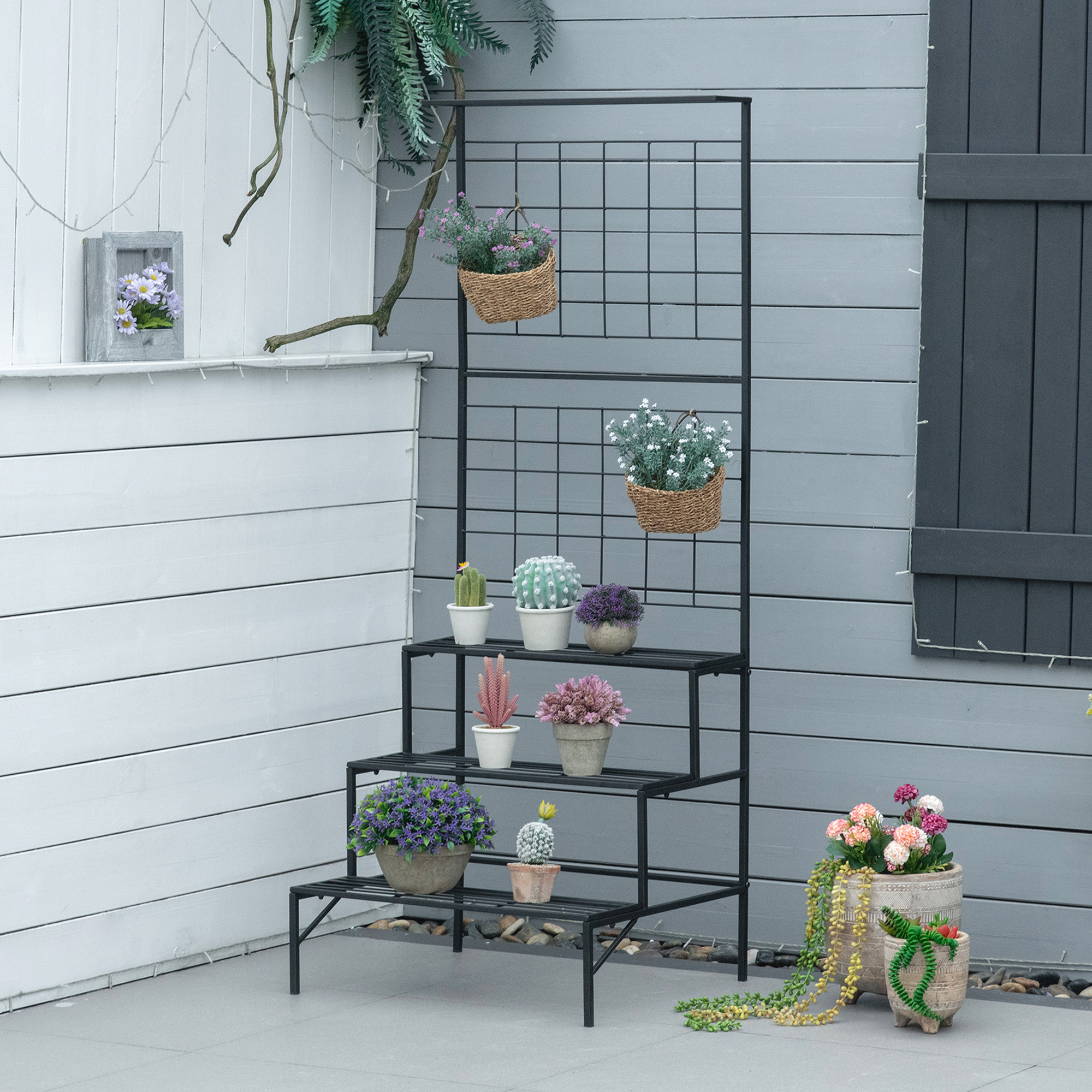 Outsunny Blumentreppe aus Metall 3 Stufen Pflanzenständer Pflanzentreppe Leiterregal Blumenständer innen draußen Schwarz 60 x 53,5 x 159,5 cm