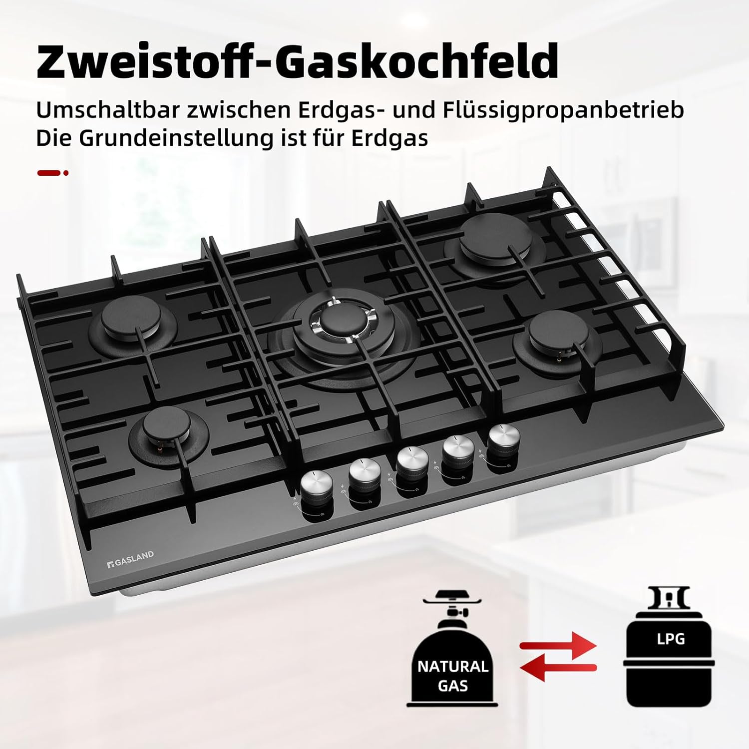 GASLAND GH60SF Einbau Gaskochfeld Edelstahl 4 Flammig, Gas Einbau Autark Gaskochfeld, 8000 W Butan-Gasherd, LPG/Erdgas