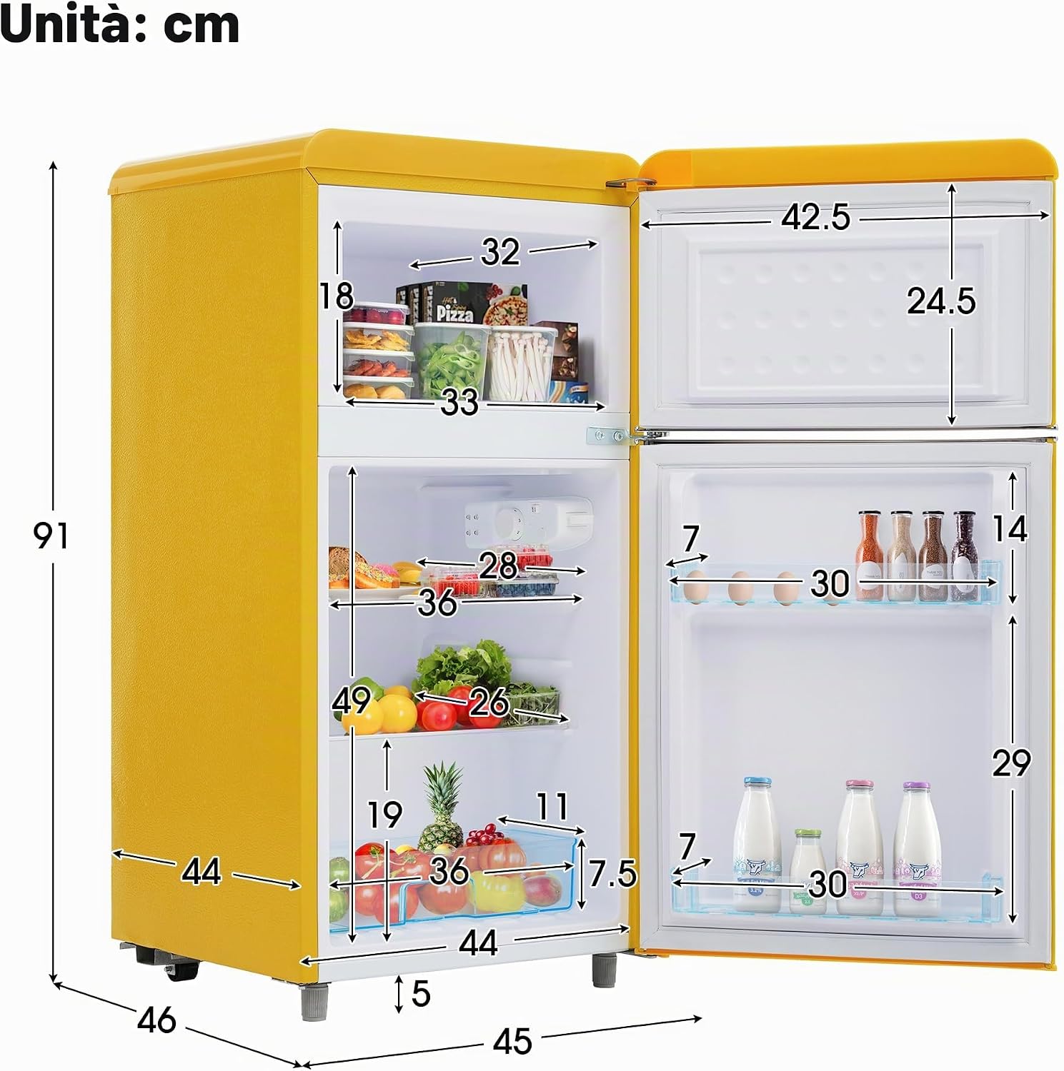 Ymkua Frigorifero Piccolo, Frigorifero Combinato 72 L (21+51), 45x46x91 cm Frigo Da Camera, Mini Frigo Bar con LED luce e Ripiani Rimovibili, Freezer Separato Doppia Porta, 120 kWh/anno (Yellow)