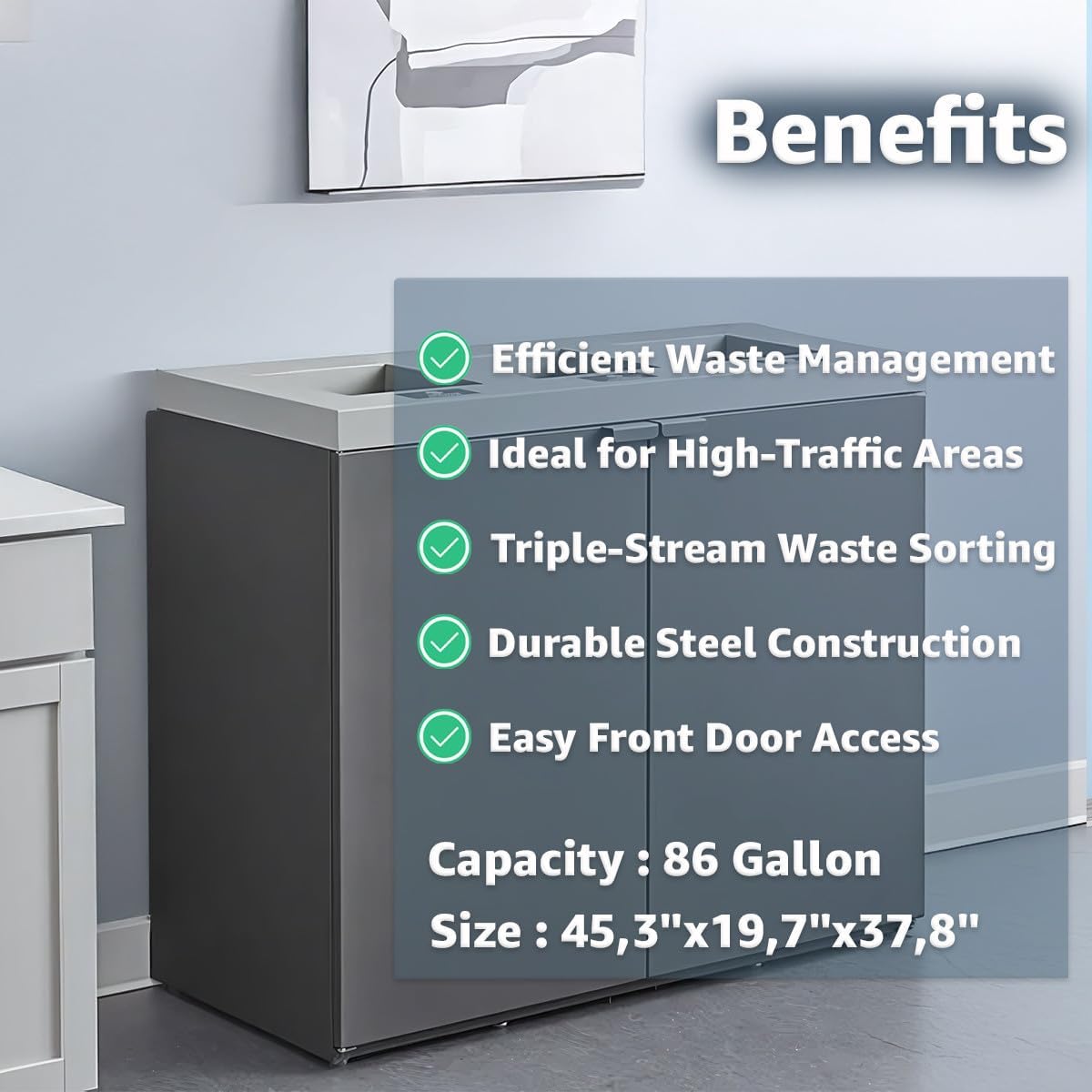86-Gallon Commercial Steel Three-Stream Trash Can Cabinet, Recycling Center, Dark Gray