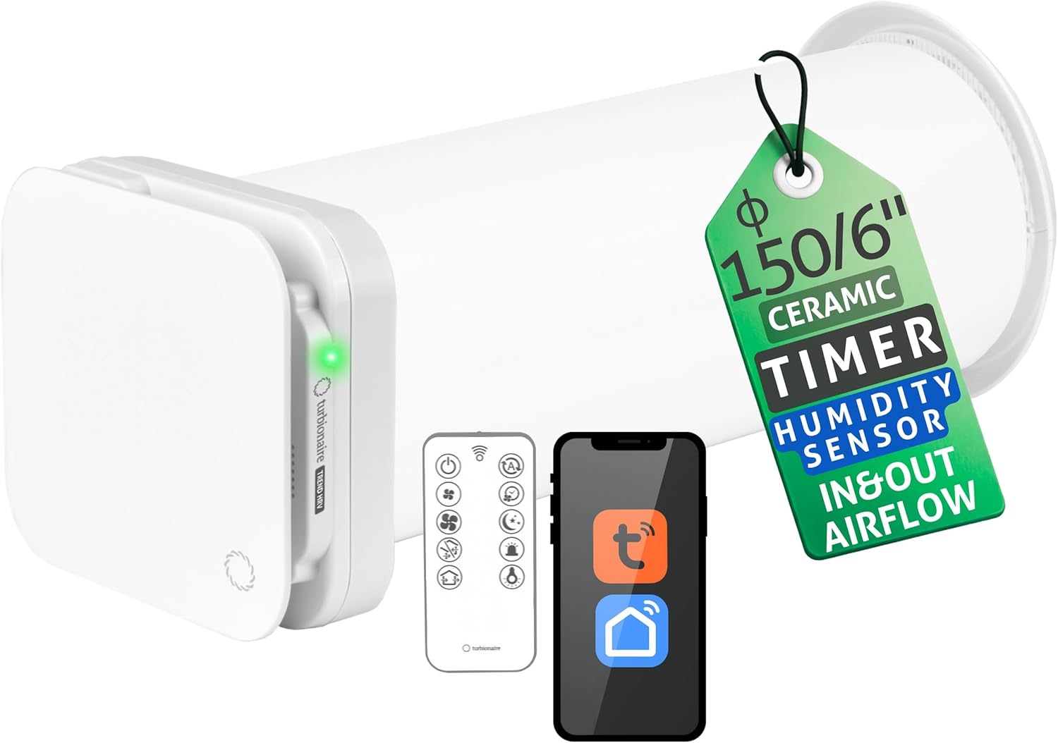 Turbionaire Trend HRV 150WMW Unita di VMC Decentralizzata a flusso alternato, WiFi, con Recupero di calore, Sensore Umidità, Telecomando, 8 Velocità, Ø160 mm, Timer, Funzione AUTO, Garanzia di 3 anni