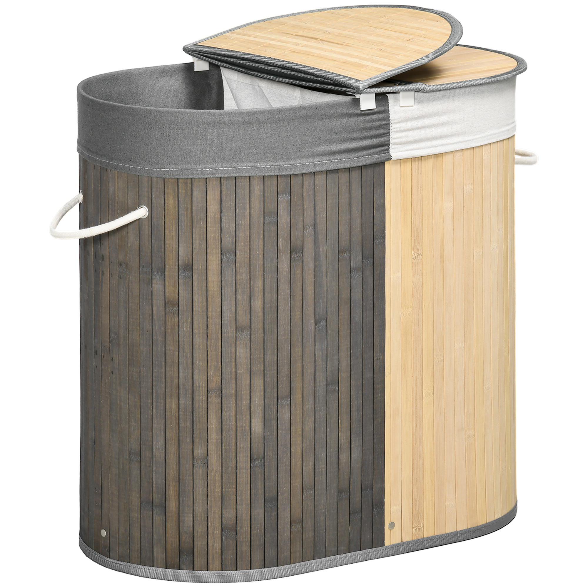 HOMCOM Wäschekorb aus Bambus 100L mit 2 Fächern, Deckel und herausnehmbarem Beutel 62,5 x 37 x 60,5 cm - Grau