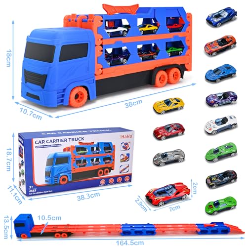 Cugybue Camion Giocattolo per Bambini,Auto Giocattolo Pista Portatile con 12 Auto da Corsa,Camion Macchinine per Bambini Set Giocattolo Veicolo di Trasporto,Blu : Giochi e giocattoli