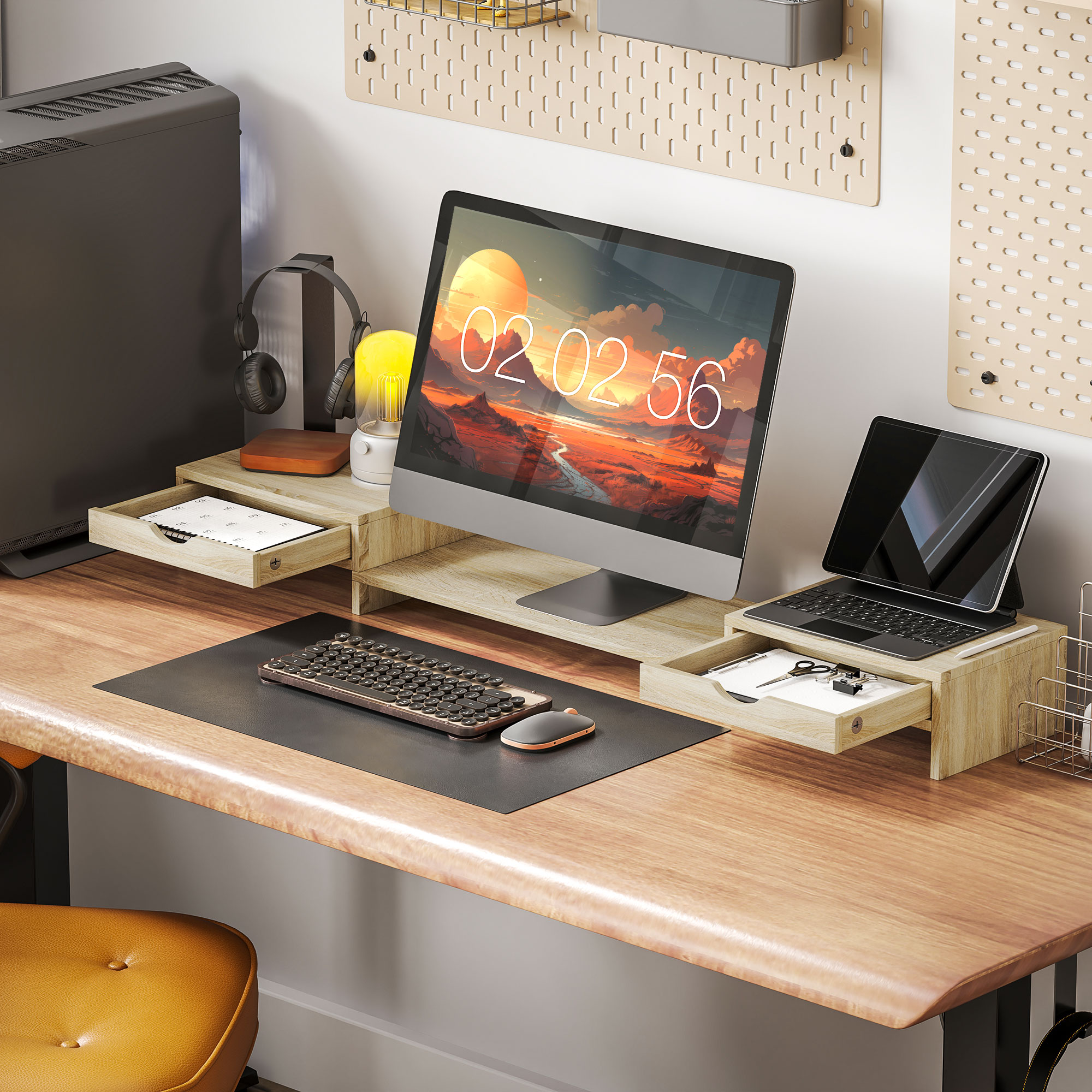 HOMCOM Monitorständer für den PC-Schreibtisch, 60-116 cm, mit 2 Schubladen, verstellbarer Länge und Winkel