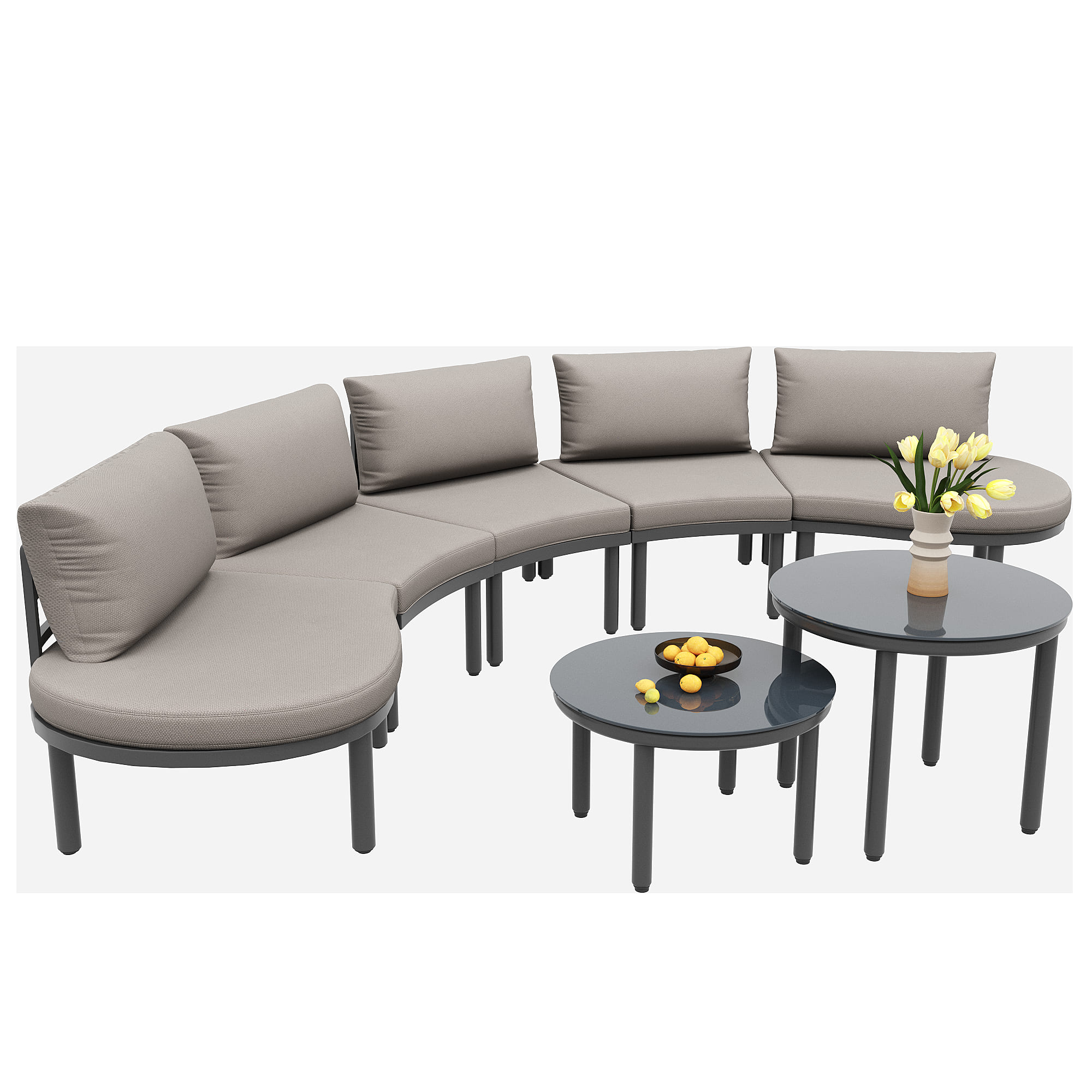 5-Sitzer Gartenmöbel-Set, 2 Couchtische aus gehärtetem Glas, bequeme Sitzpolster und Kissen, Grau
