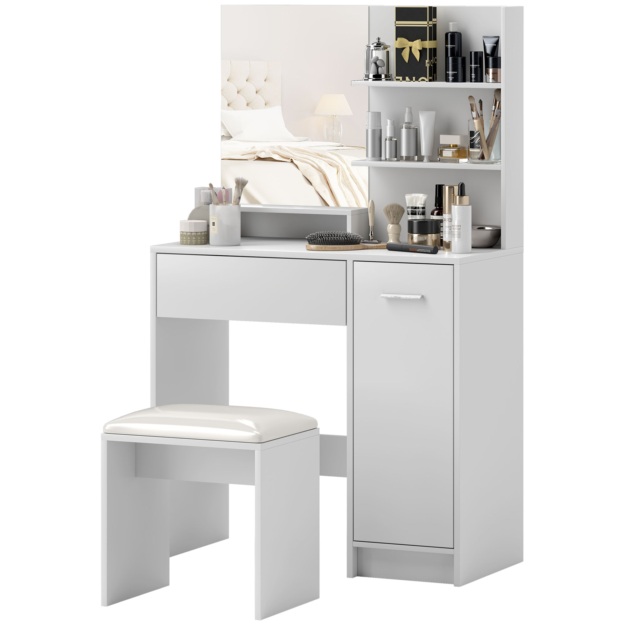 HOMCOM Frisiertisch-Set mit Spiegel und Hocker, Schublade, Aufbewahrungsschrank verstellbares Regal für Schlafzimmer 80l x 40T x 132H cm, weiß
