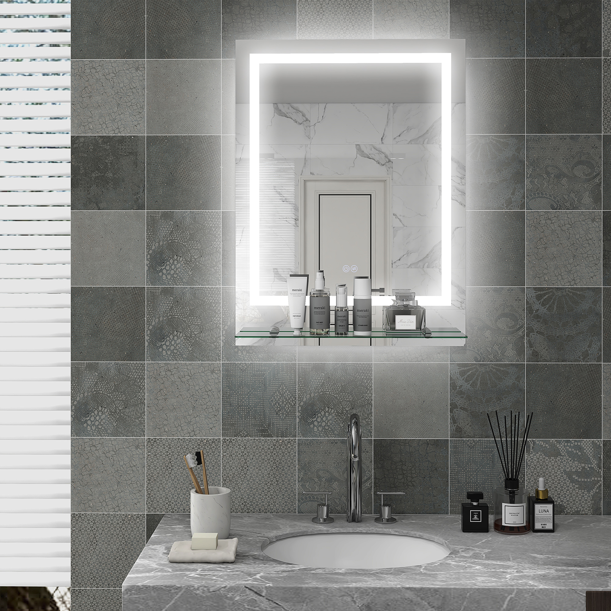 kleankin Rechteckiger LED-Badezimmerspiegel mit Beleuchtung und Glasregal, 80 x 60 cm