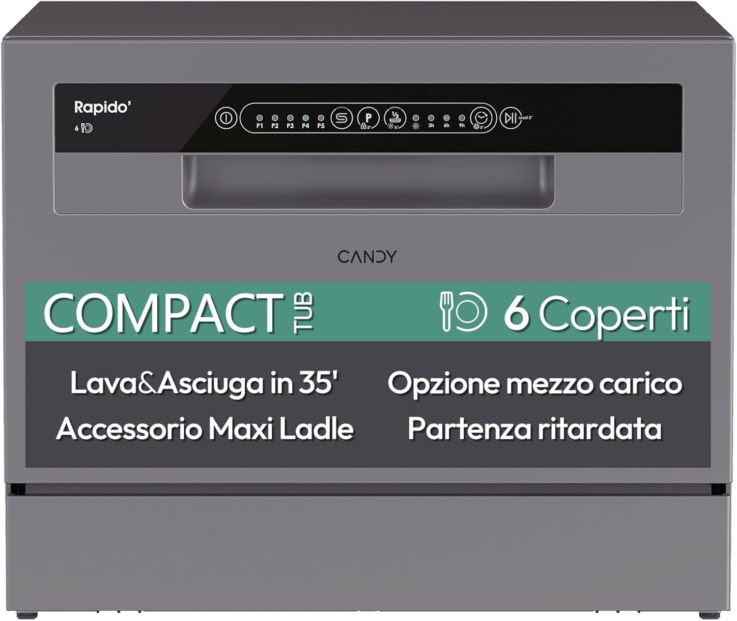 Candy Rapido' CP 6E51LS Lavastoviglie Compatta da tavolo, Libera Installazione, 6 Coperti, 8 Programmi, Ciclo Rapido 35', Partenza ritardata, Classe E, AxLxP 44,3x55x50,1 cm, Silver, Classe E