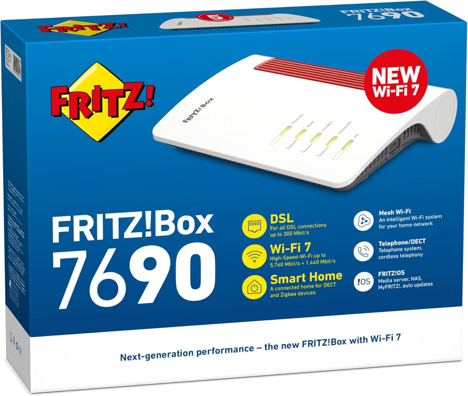 FRITZ!Box 7690, Modem Router Wi-Fi 7 Dual Band (2.4 GHz, 5 GHz) fino a 7.000 Mbit/s, per FTTC VDSL FTTH con ONT, 1x Wan 2,5 Gb, 1X Lan 2,5 Gb, 2X Lan Gb
