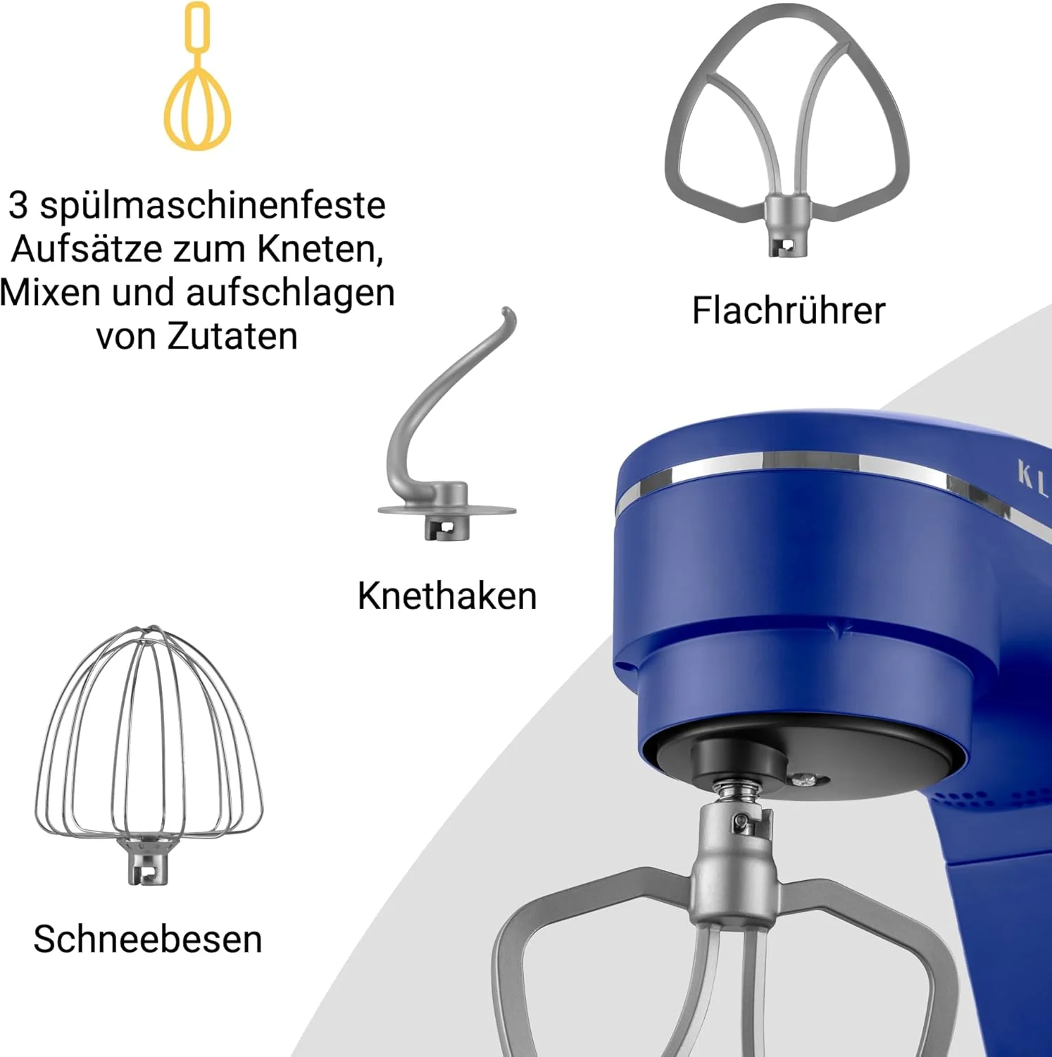 KLAMER Keukenmachine 1800W, Kneedmachine met 6 Liter RVS Kom, 10 Snelheidsstanden met Timer, Klopper, Deeghaak, Garde en Spatdeksel