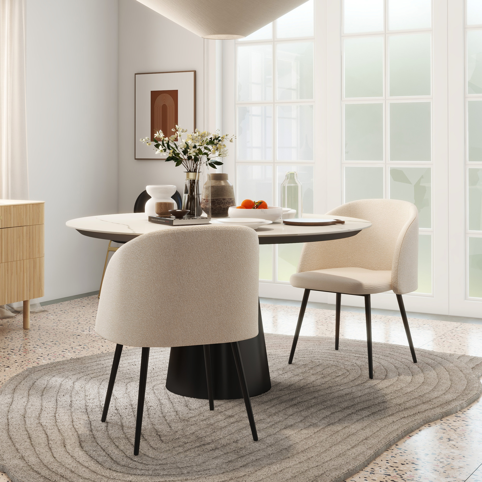 HOMCOM 2er-Set Esszimmerstühle, Polsterstühle mit Stoffbezug, Küchenstühle mit Stahlbeinen, gewölbte Rückenlehne, Cremeweiß
