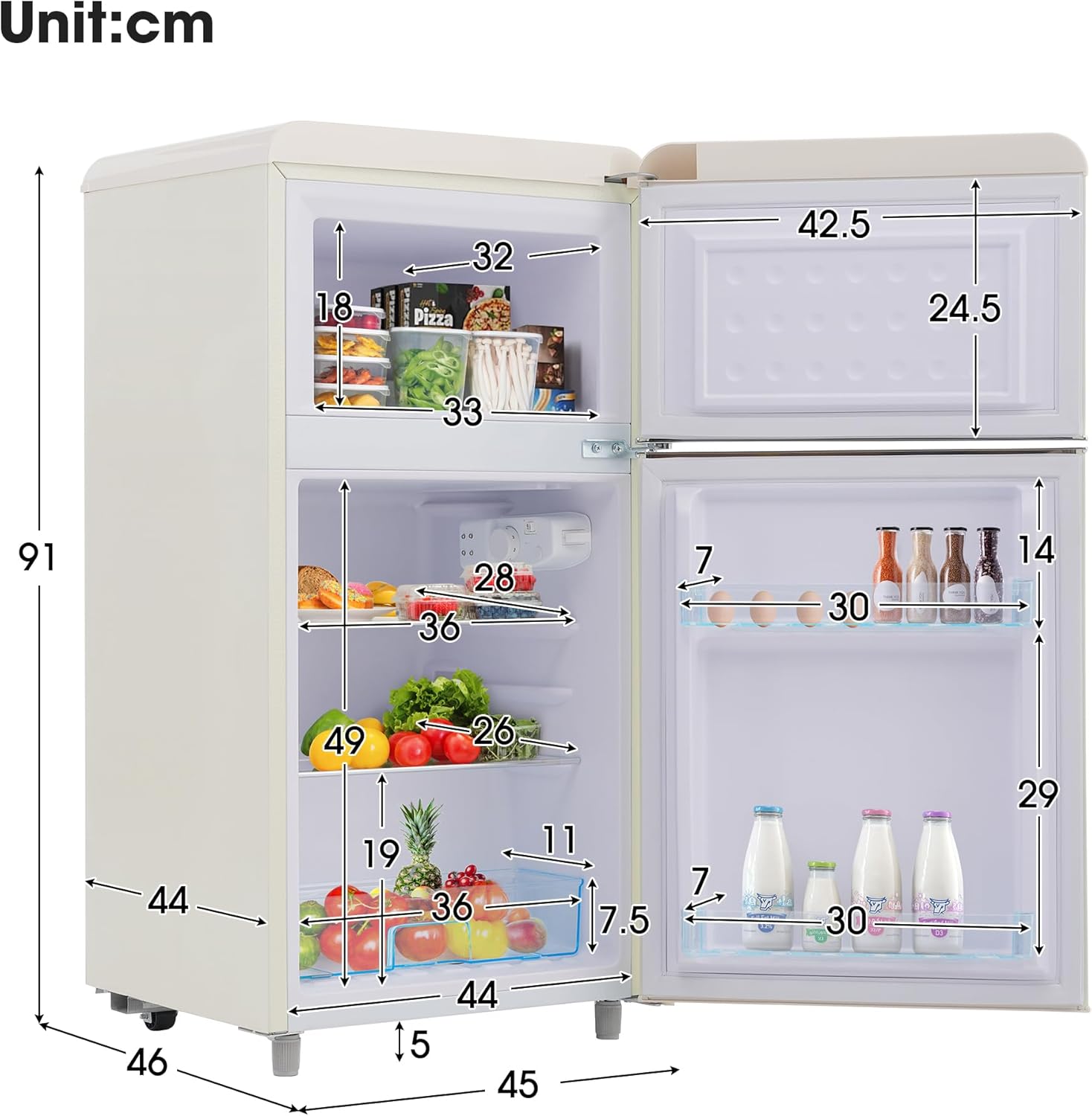 Ymkua Frigorifero Piccolo, Frigorifero Combinato 72 L (21+51), 45x46x91 cm Frigo Da Camera, Mini Frigo Bar con LED luce e Ripiani Rimovibili, Freezer Separato Doppia Porta, 120 kWh/anno (White)