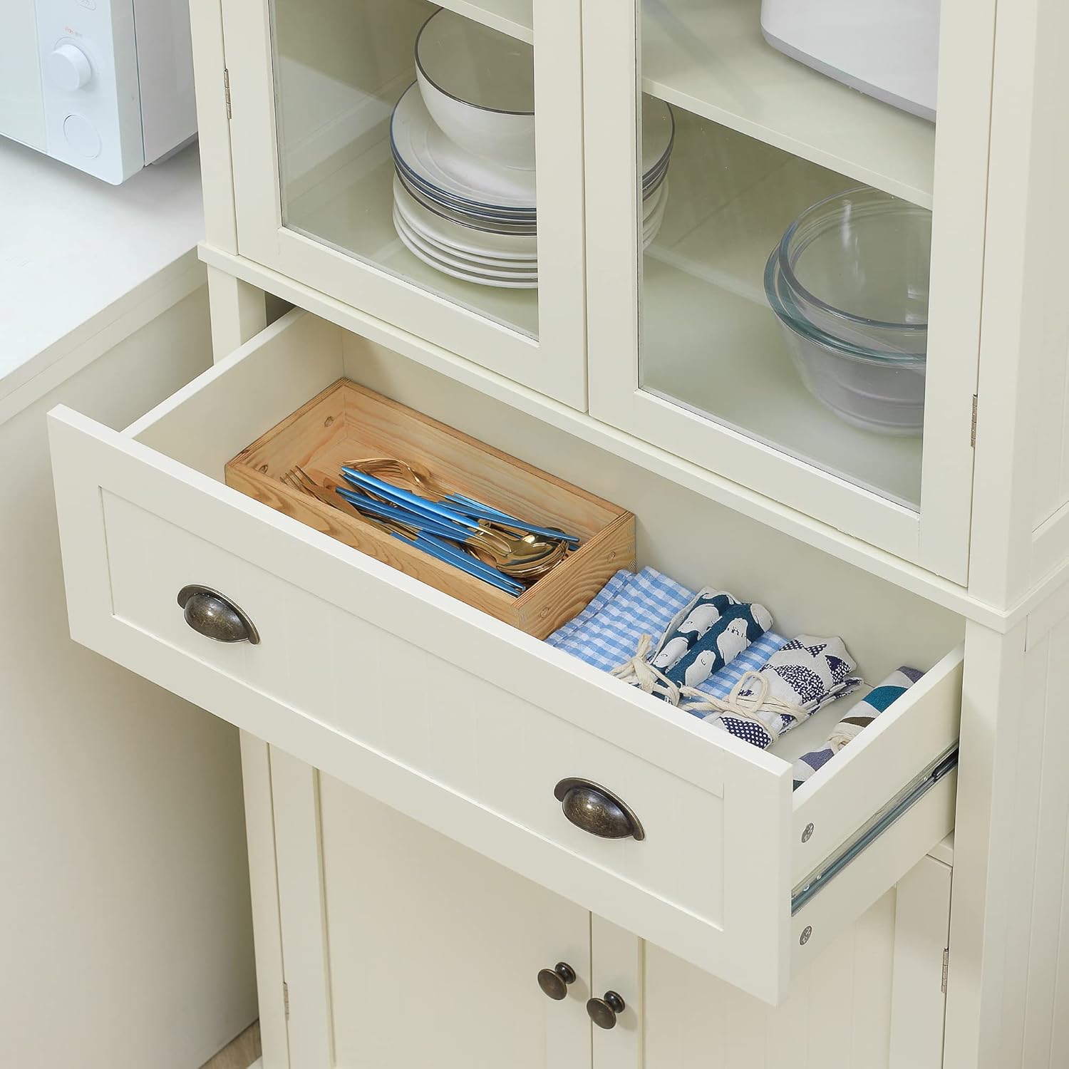 HOMCOM Mobile Dispensa a 5 Livelli con Cassetto Centrale, Dispensa per Cucina, Sala da Pranzo e Soggiorno con Ripiani Regolabili e Ante in Vetro Temperato, 76x40x182.5 cm, Bianco Crema