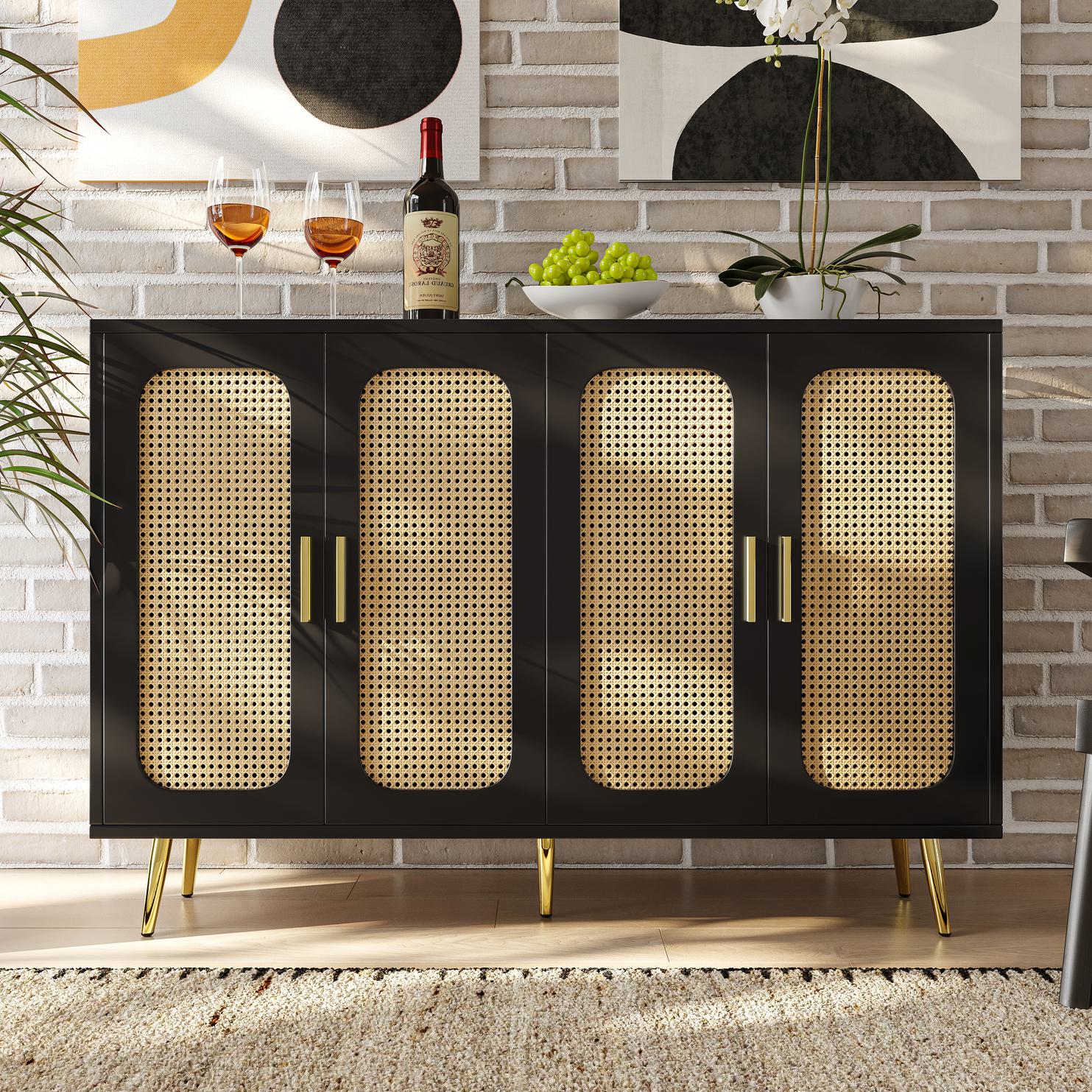 Seitenwand-Aufbewahrungsschrank aus Rattan, handwerklich gestalteter Schrank, multifunktional, stabil und langlebig, 120×30×89 cm，Schwarz
