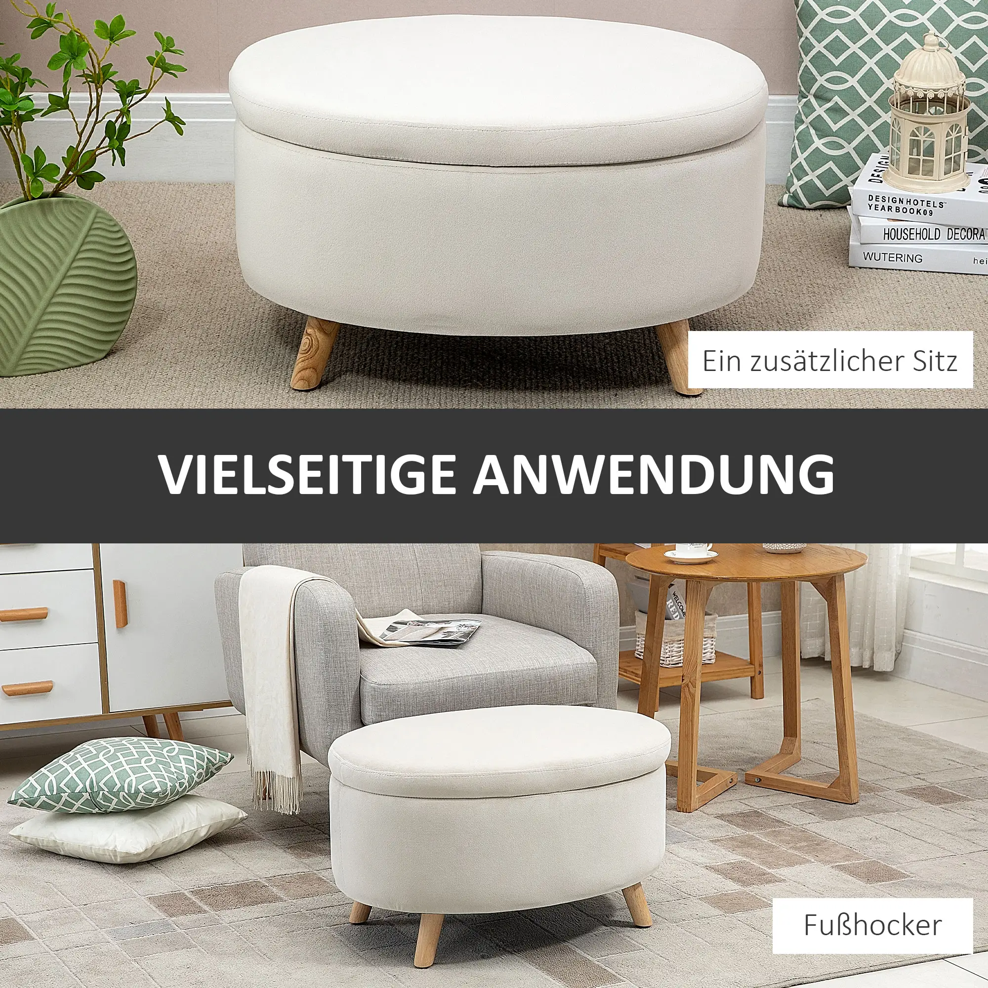 HOMCOM Sitzbank Sitztruhe oval Stauraum Samtoptik Holzbeine Beige