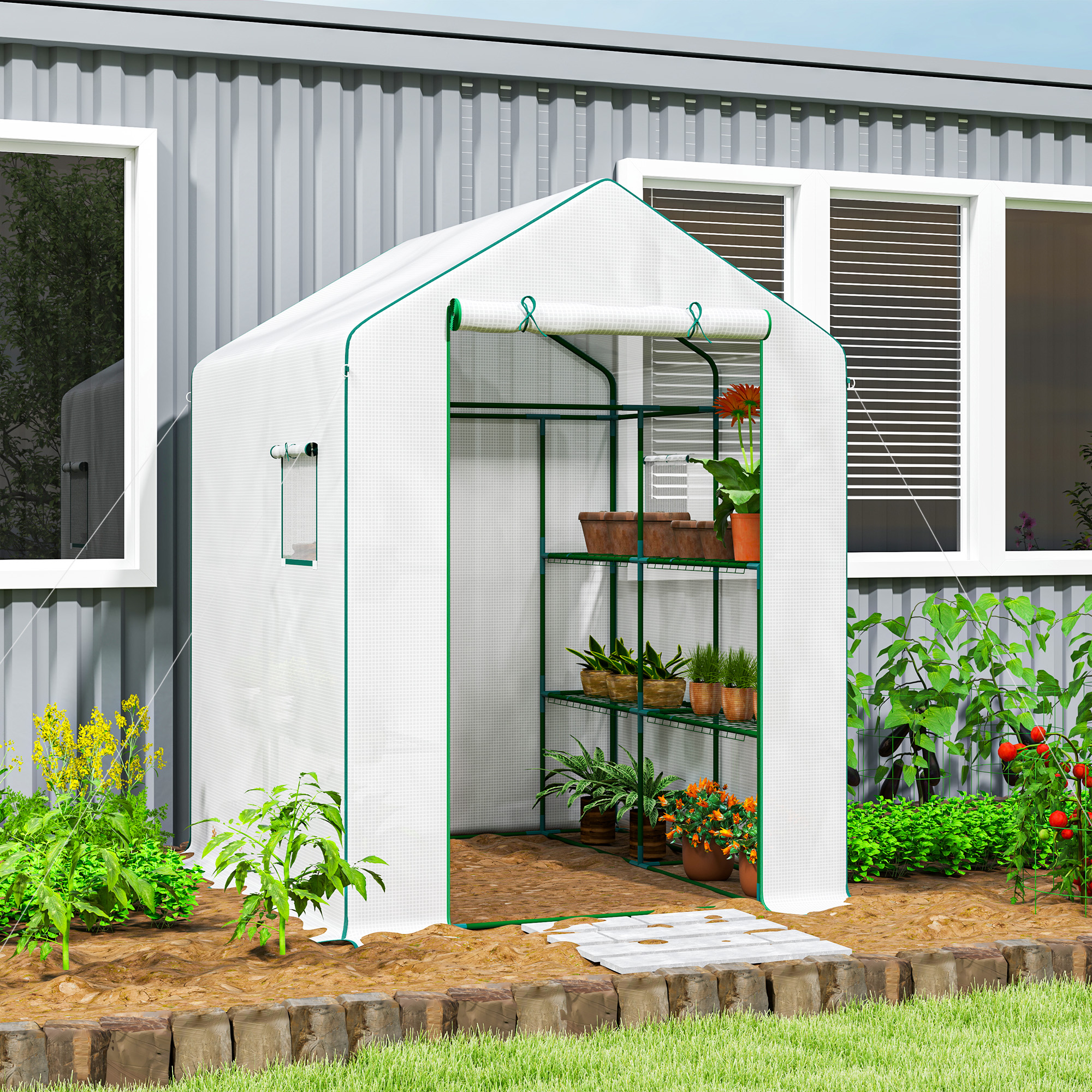 Outsunny Gewächshaus mit 1 Tür 2 Fenstern 3 Regalebenen für Gemüse Pflanzen Blumen PE-Abdeckung 140 x 143 x 190 cm Weiß