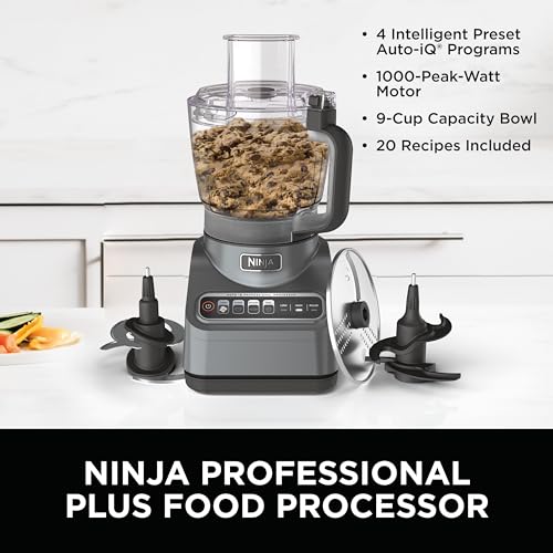 Ninja Food Processor, Professional Plus, 1000 Peak Watts, 4 Functions for Chopping, Slicing, Purees & Dough with 9 Cup Processor Bowl, 3 Blades, Food Chute & Pusher, Silver, BN601: Home & Kitchen