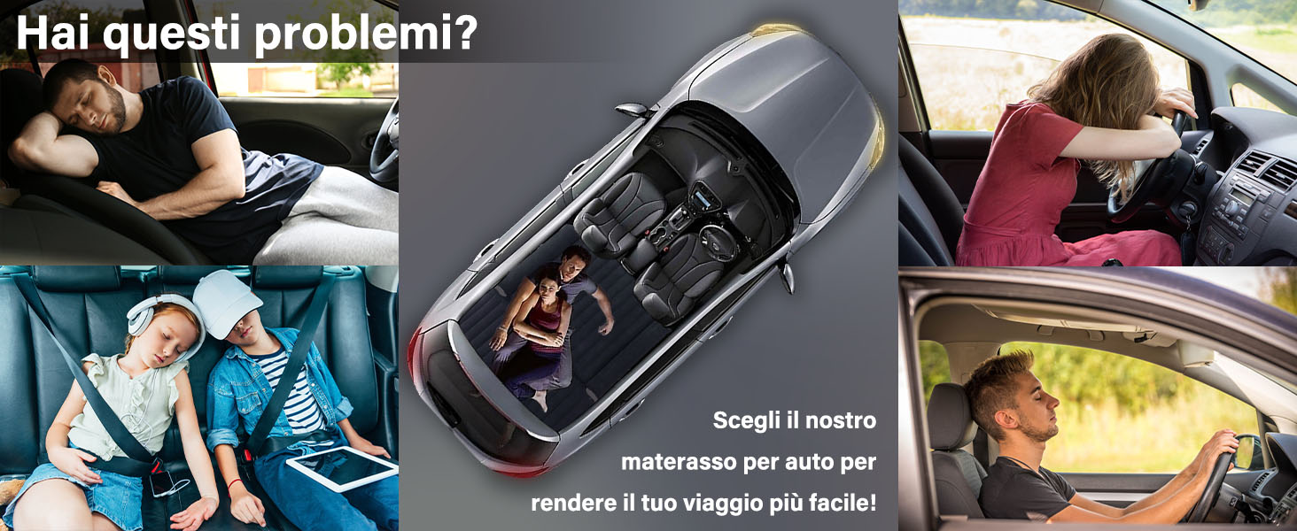 Pubblicità di materassi per auto che mostra una vista aerea dell'interno del veicolo con installazione del materasso e molteplici