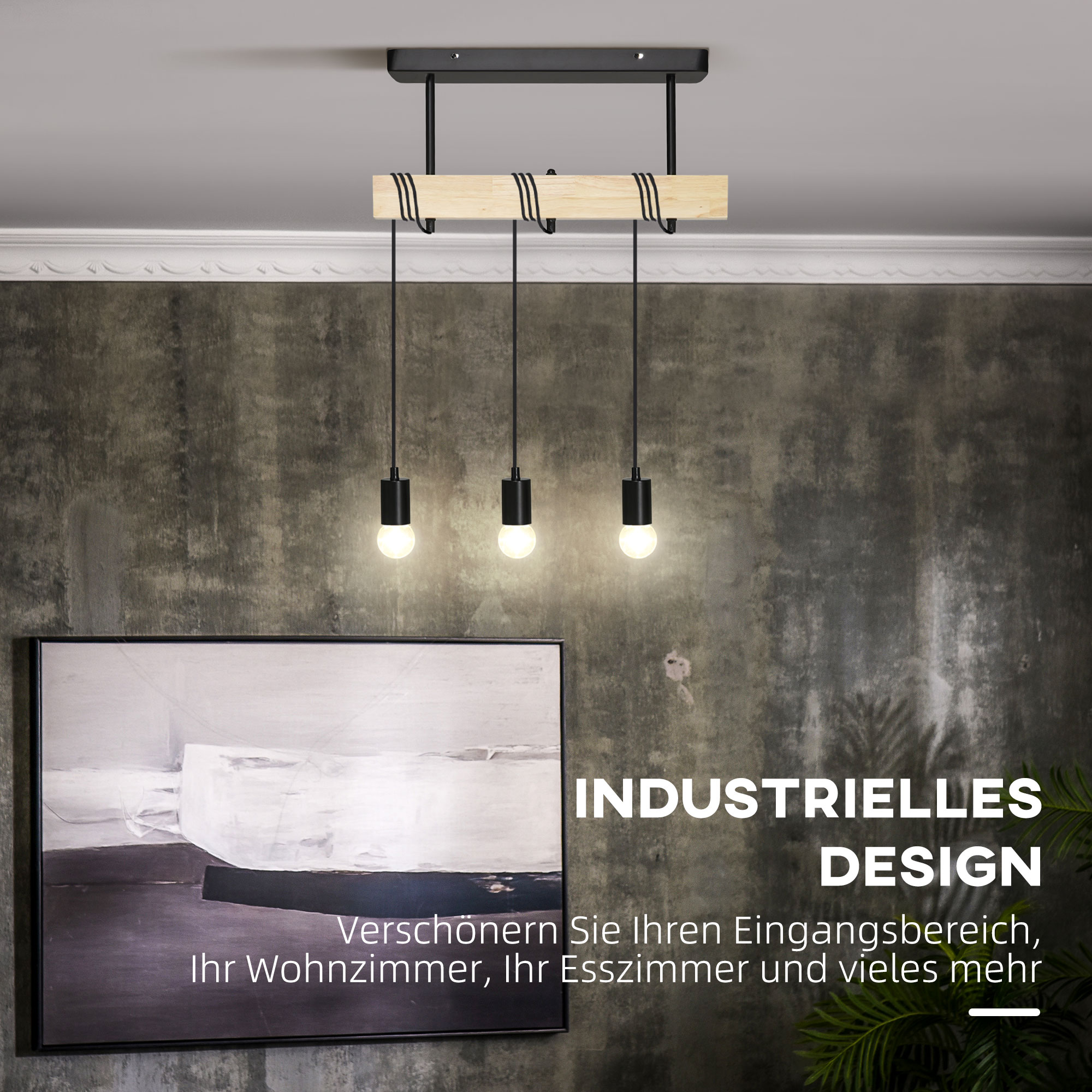 Hanglamp, 3-Lichtbronnen, Hoogteverstelbaar, Industrieel Design, Metaal+Hout, Zwart