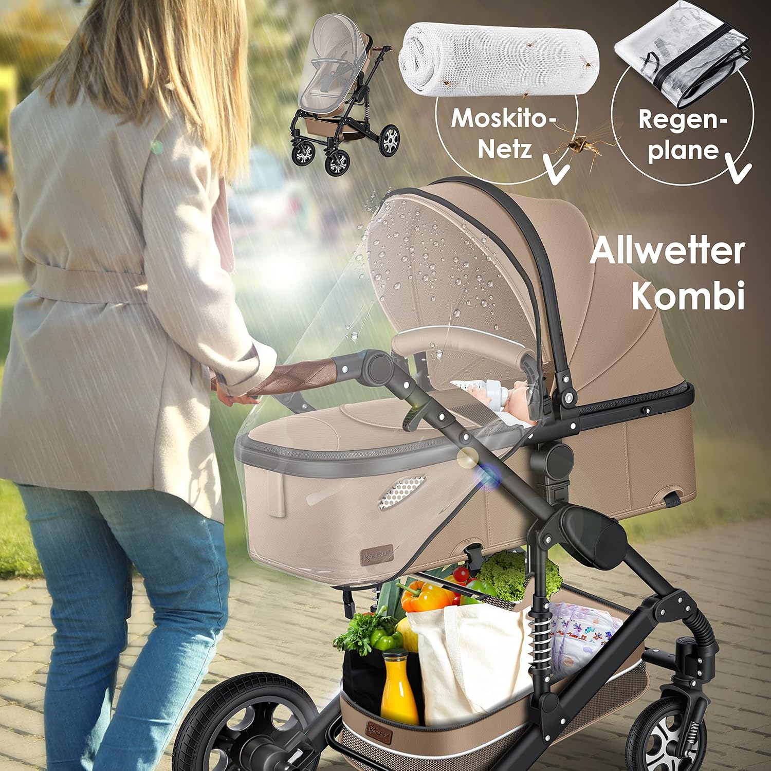 KESSER® Loops 3 in 1 Kinderwagen Kombikinderwagen Komplett-Set inkl. Babywanne & Buggy Sportsitz & Auto-Babyschale Voll-Gummireifen Wickeltasche Regenschutz Kindertisch ECE R129, Schwarz/Schwarz