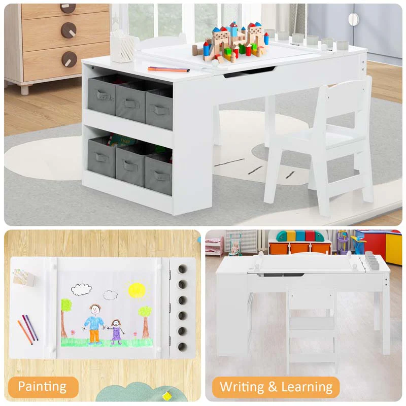 2-in-1 Kids Art Table Chair Set for Drawing Writing, Toddler Craft Play Wood Activity Desk w/2 Chairs Paper Roll Storage Canvas Bins