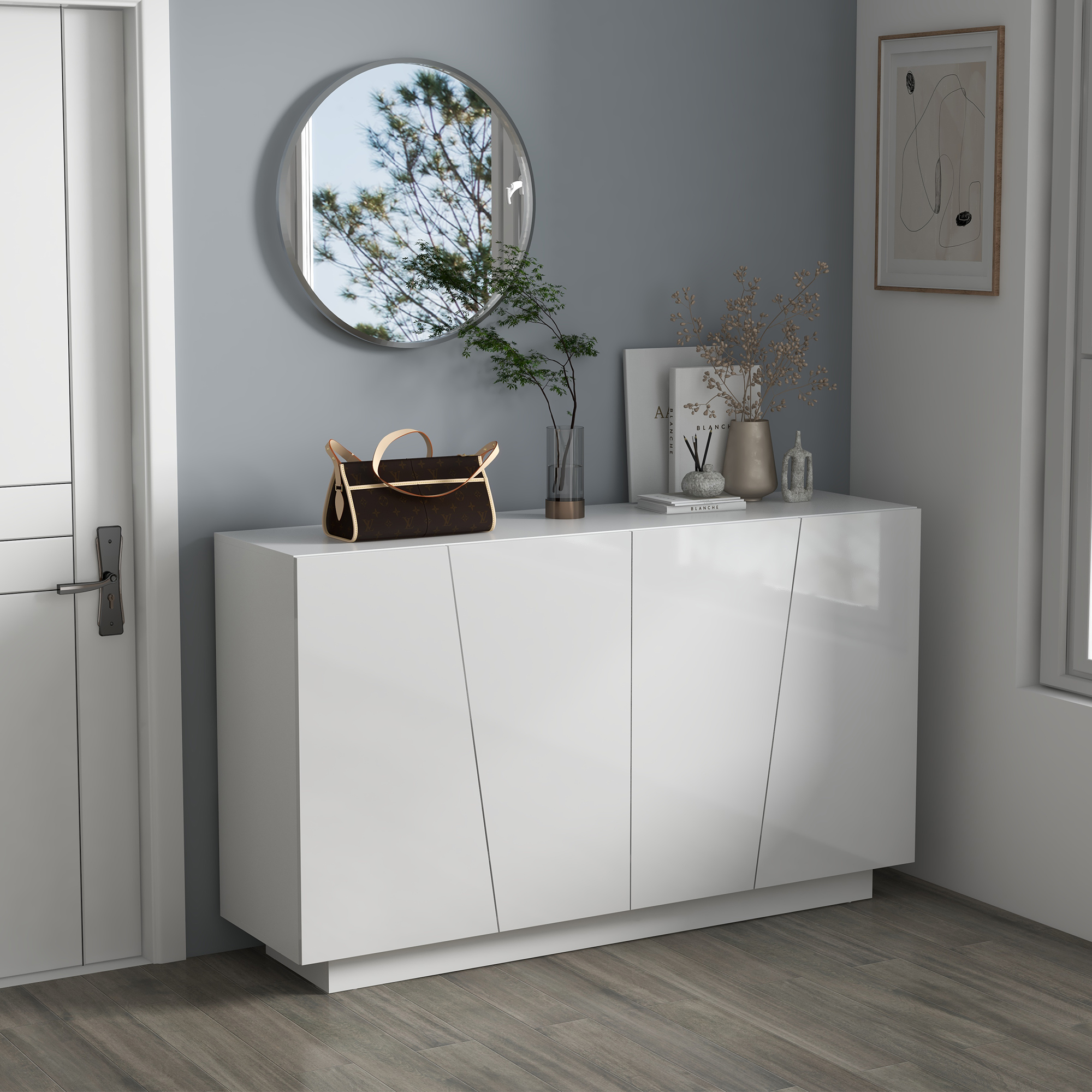 HOMCOM Aufbewahrungsregal mit Türen und verstellbarem Regal, 150 x 40 x 88 cm, glänzendes Weiß