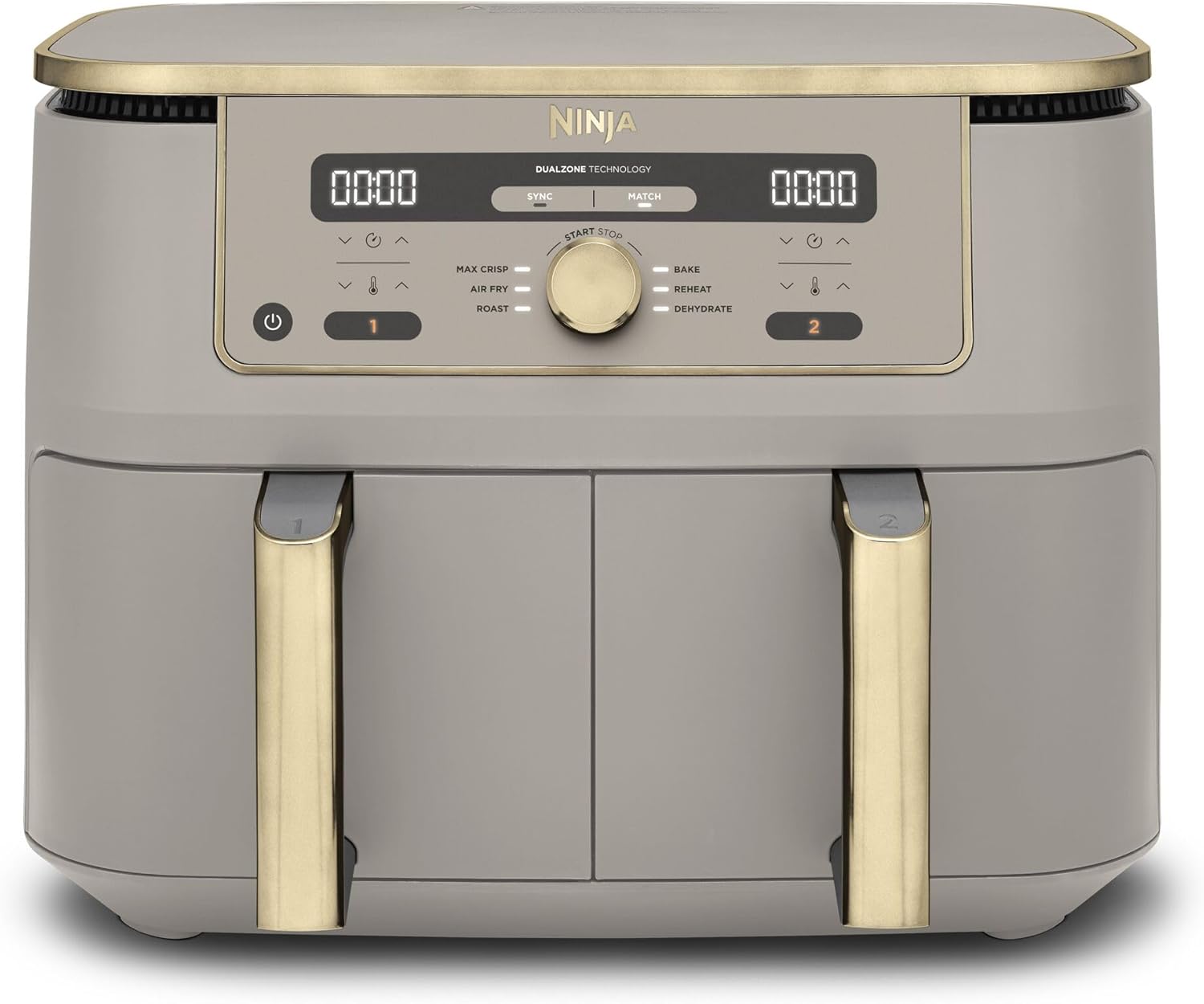 Ninja Dual Zone Digital Air Fryer, 2 Schubladen, 6-in-1, Heißluftfritteuse, 9,5L, Heißluft-Frittieren, Max Crisp, Rösten, Backen, Aufwärmen, Spülmaschinenfeste Körbe, Stone/Gold DZ400EUSTGD