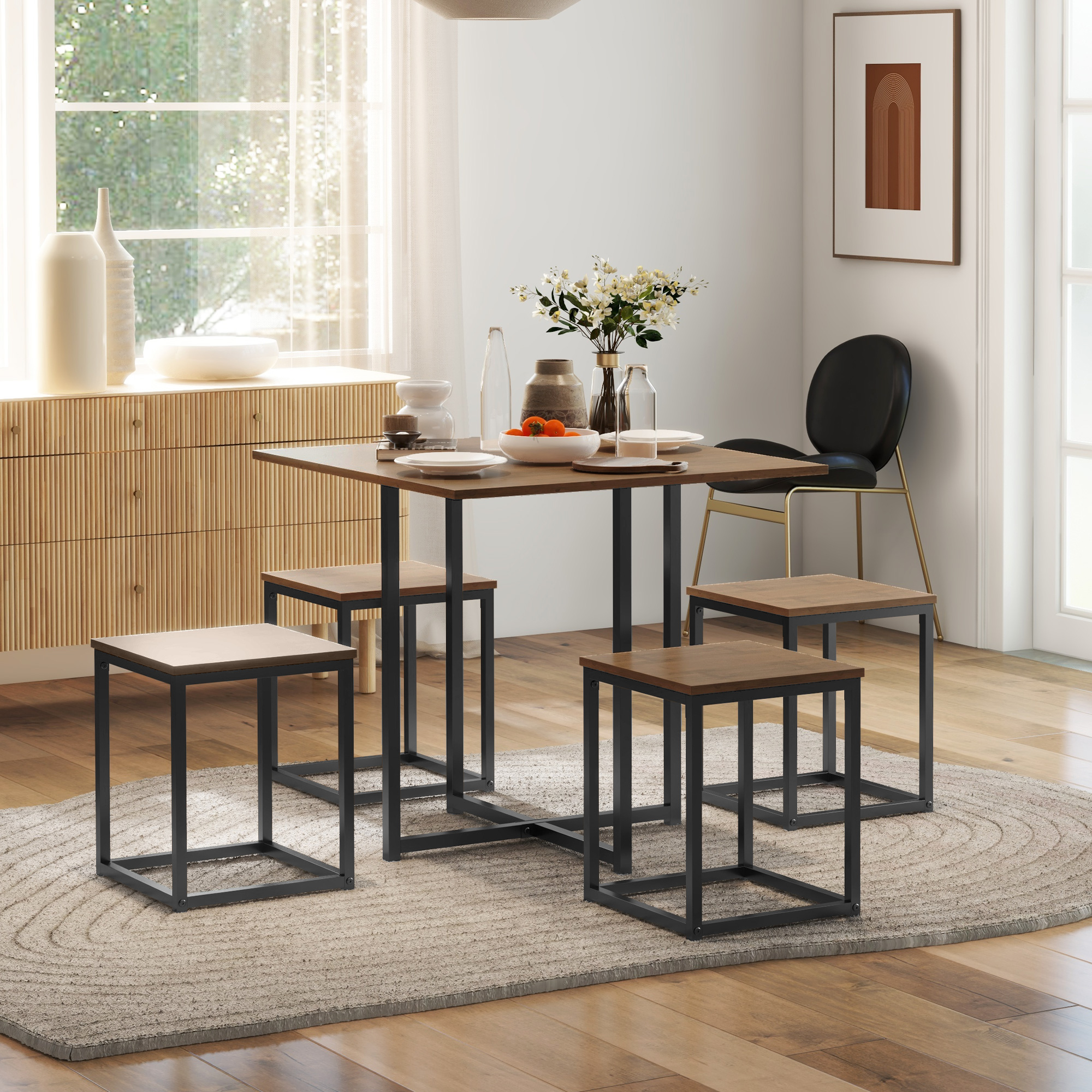 HOMCOM Set 5-teilig Stühle Esstisch modern im industriellen Stil, Holz und Metall, Schwarz und Holzfarbe