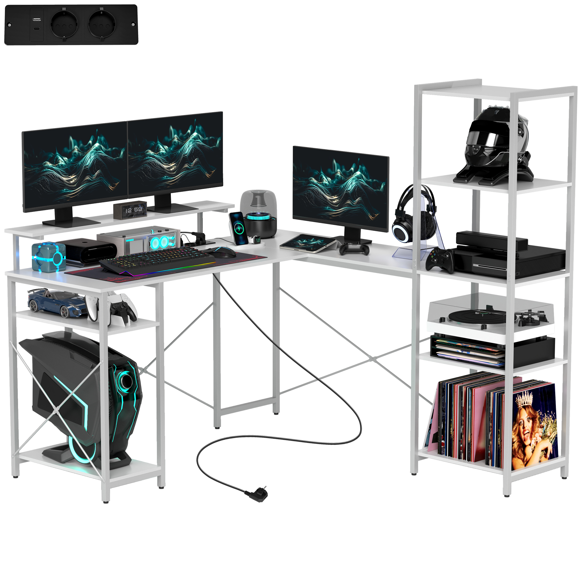 HOMCOM L-förmiger Schreibtisch mit Ladestation, Eck-Computertisch mit Monitorständer und Regalen, für Homeoffice, Büro, Weiß