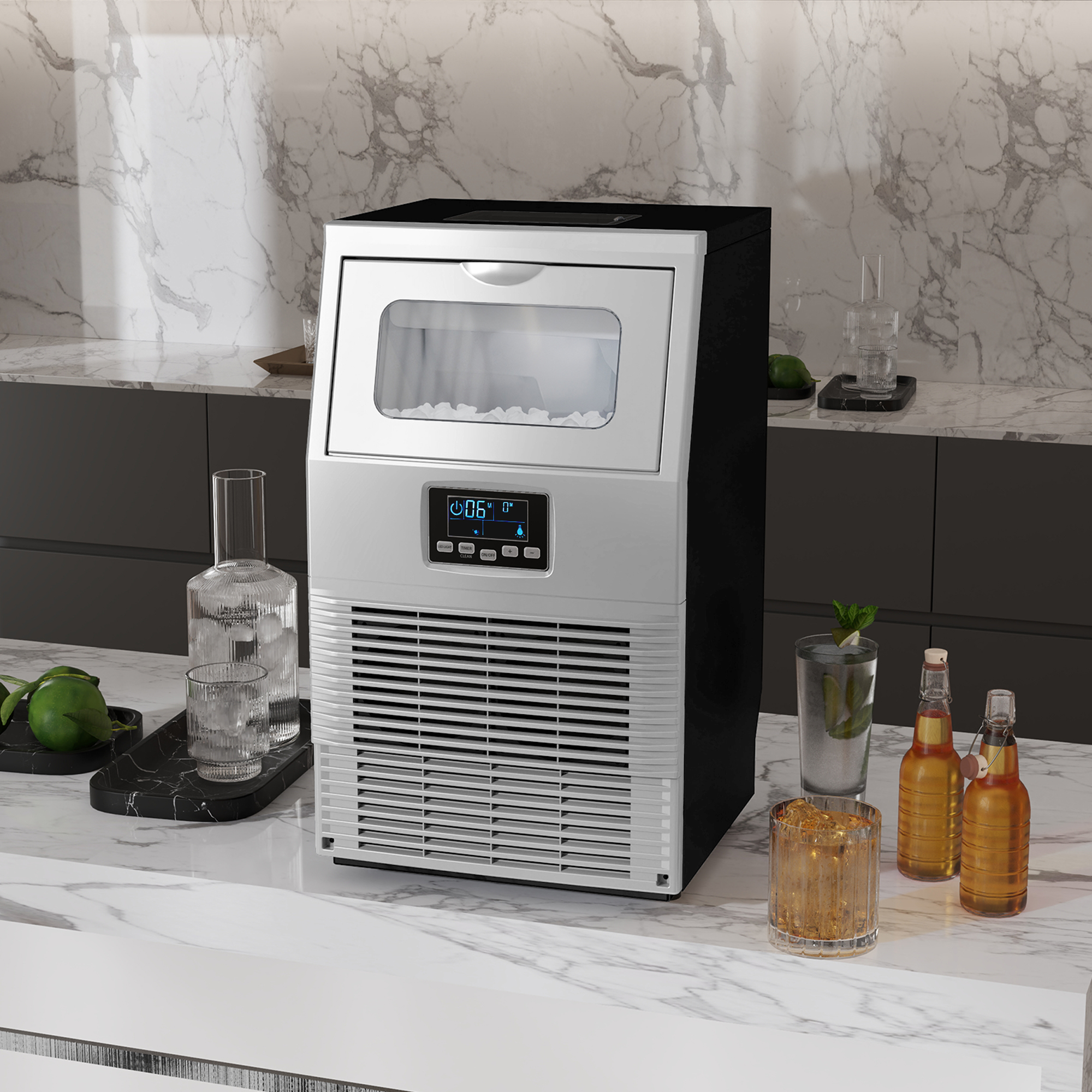 HOMCOM Kommerzielle Eiswürfelmaschine, LED-Beleuchtung, leicht lesbare Anzeigen, mit Schaufel, Silber