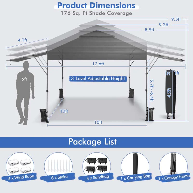 10 x 17.6 FT Outdoor Instant Pop-up Canopy Tent for Market Picnic with Dual Half Awnings & Wheeled Bag