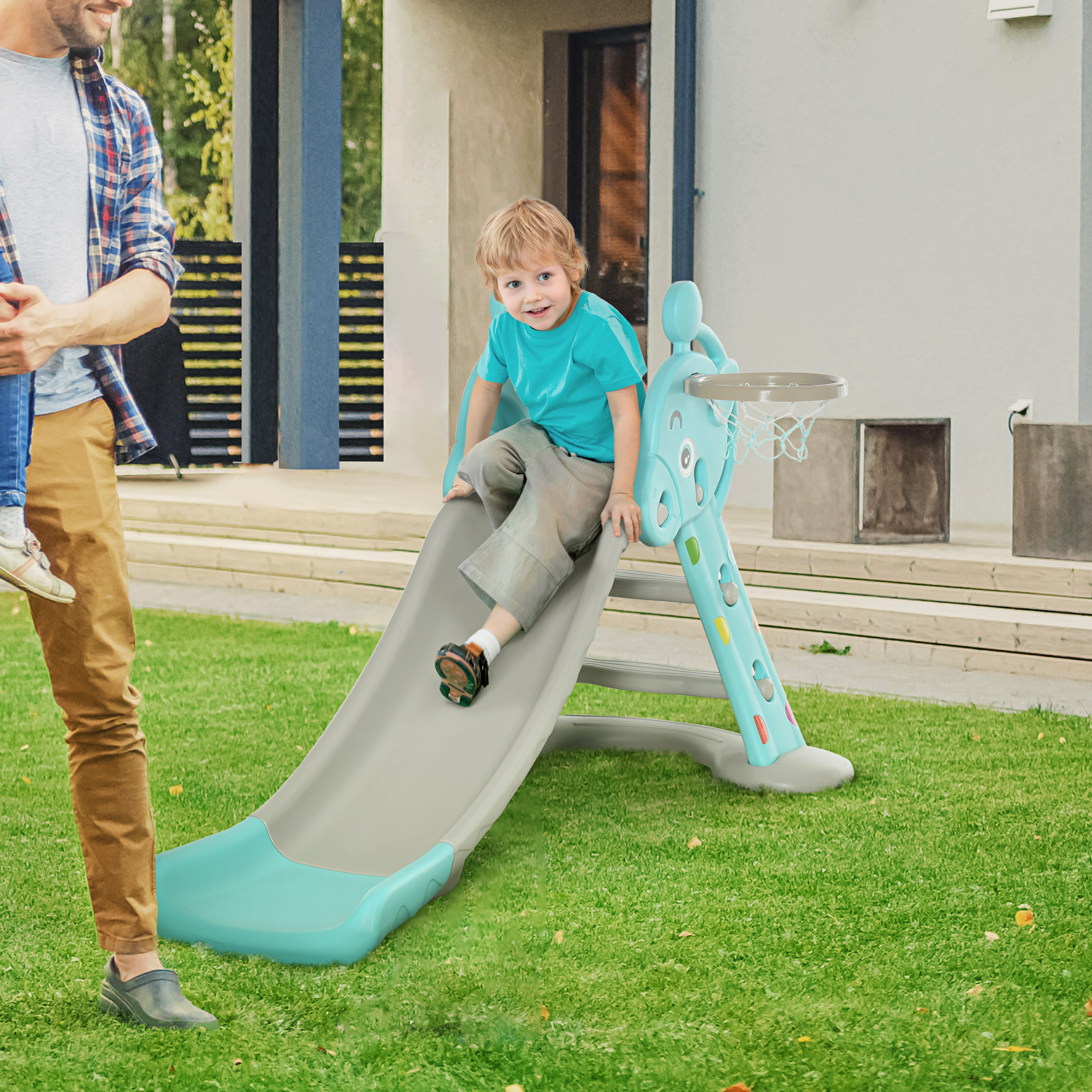 HOMCOM Kinderrutsche mit Basketballkorb faltbare Spielzeugrutsche mit verlängerter Heckkissen Dreiecksstruktur HDPE PP Hellblau+Grau 147 x 82 x 85,5 cm