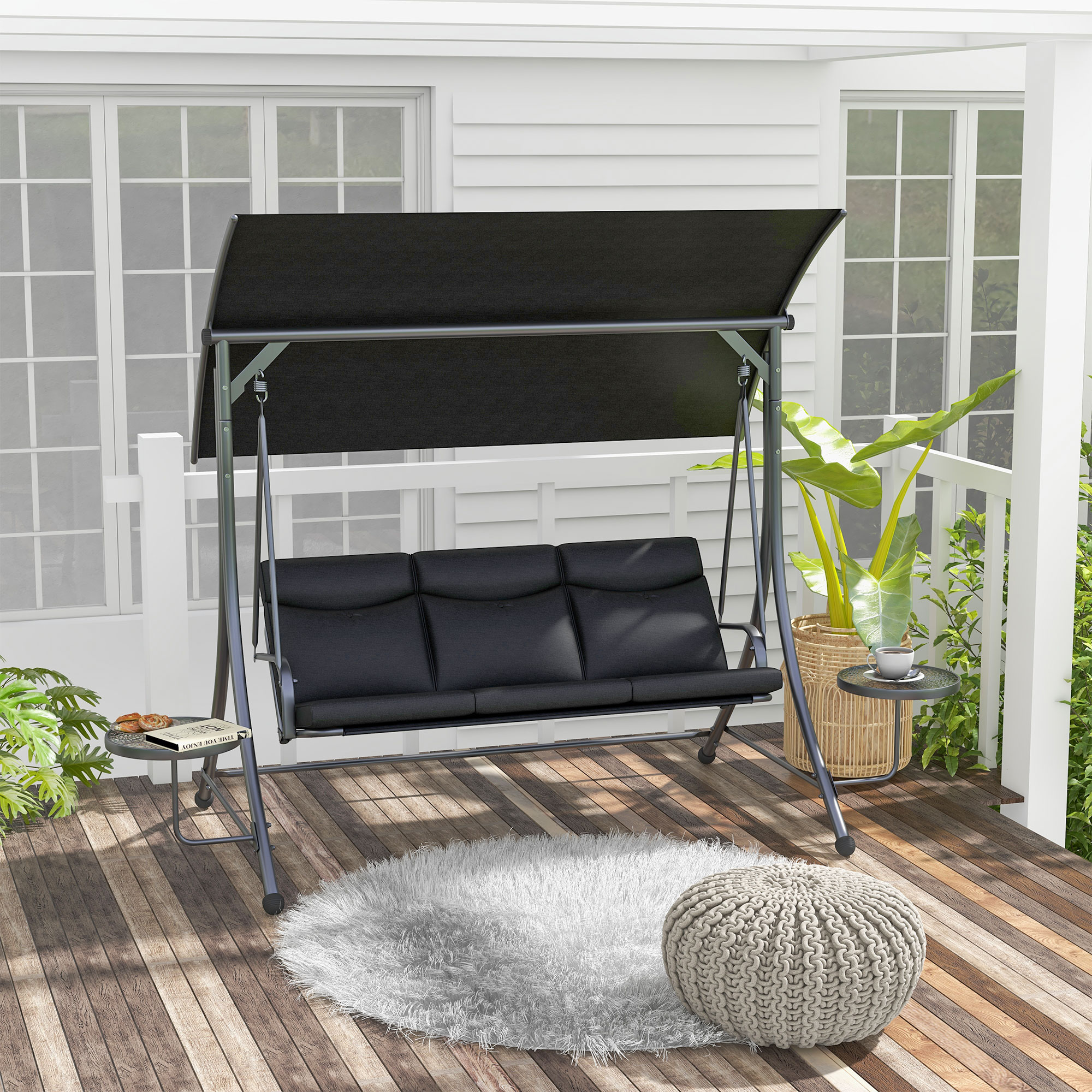 Outsunny Hollywoodschaukel, Schaukelbank, 3-Sitzer Gartenschaukel mit verstellbarem Sonnendach, 278 x 135 x 177 cm, Schwarz