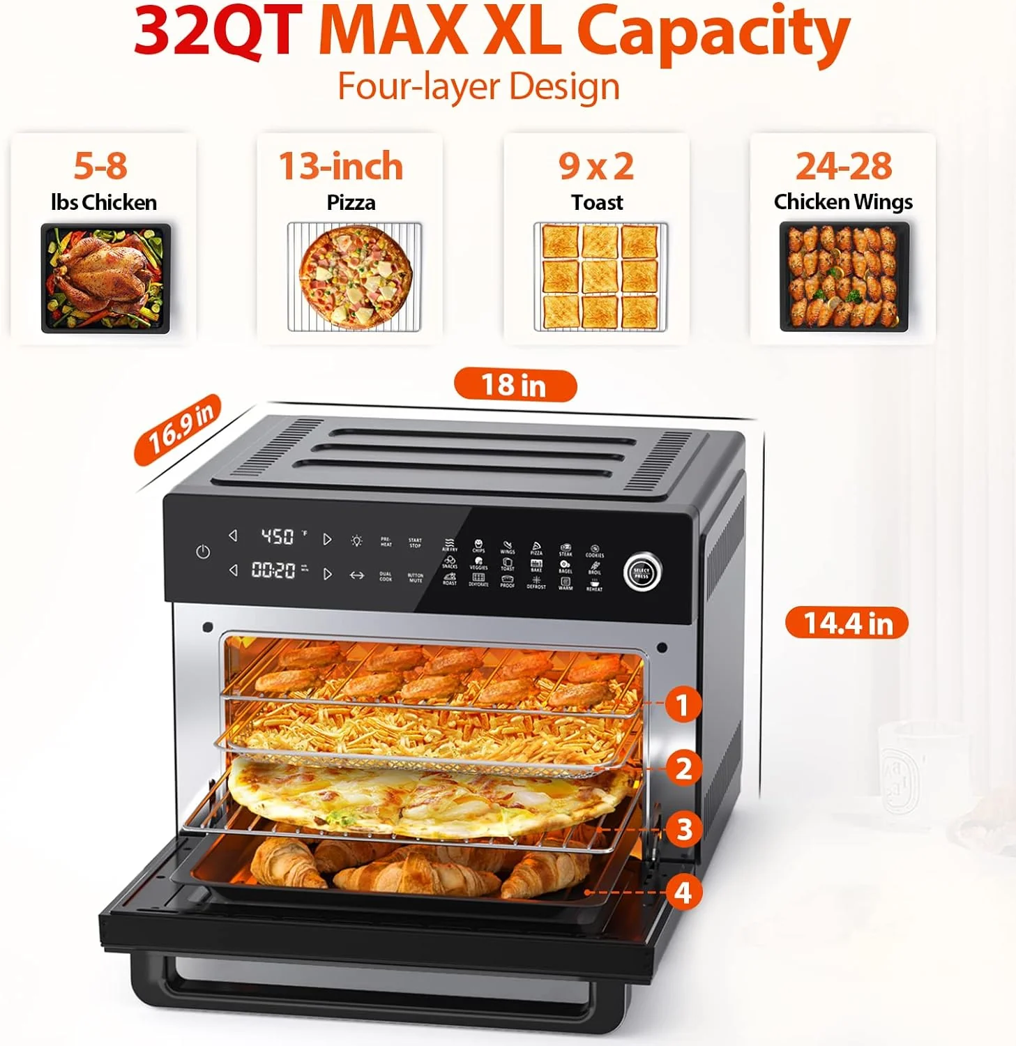 Aeitto® 32-Quart PRO Large Air Fryer Oven| Toaster Oven Combo | with Rotisserie, Dehydrator and Full Accessories | 19-In-1 Digital Airfryer | Fit 13