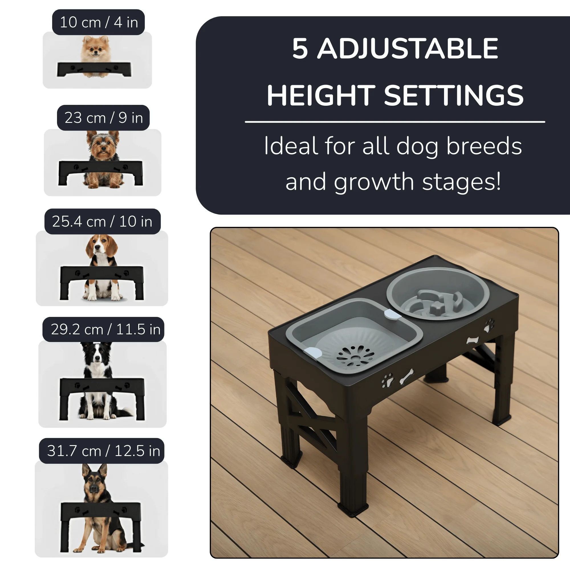 3-in-1 Elevated Dog Bowl Stand �C Slow Feeder, Spill-Proof Water Bowl & 5 Height Settings