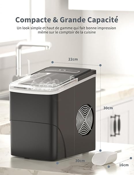 Macchina Ghiaccio 12KG/24h, 2.2L Macchina del Ghiaccio Casa Professionale, S/L Dimensioni, Pronto in 6-9 Minuti, Silenzioso, Ice Maker per Casa/Bar, Nero