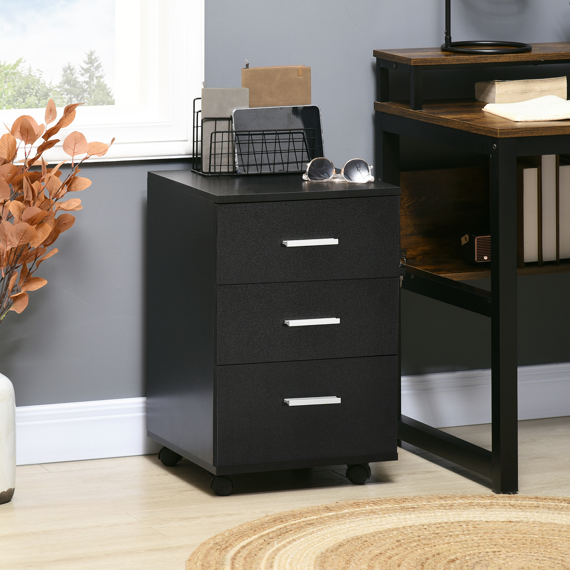 Vinsetto Büroschrank Büroaufbewahrung auf Rollen 3 abschließbare Schubladen 40 x 40 x 61,5 cm Schwarz